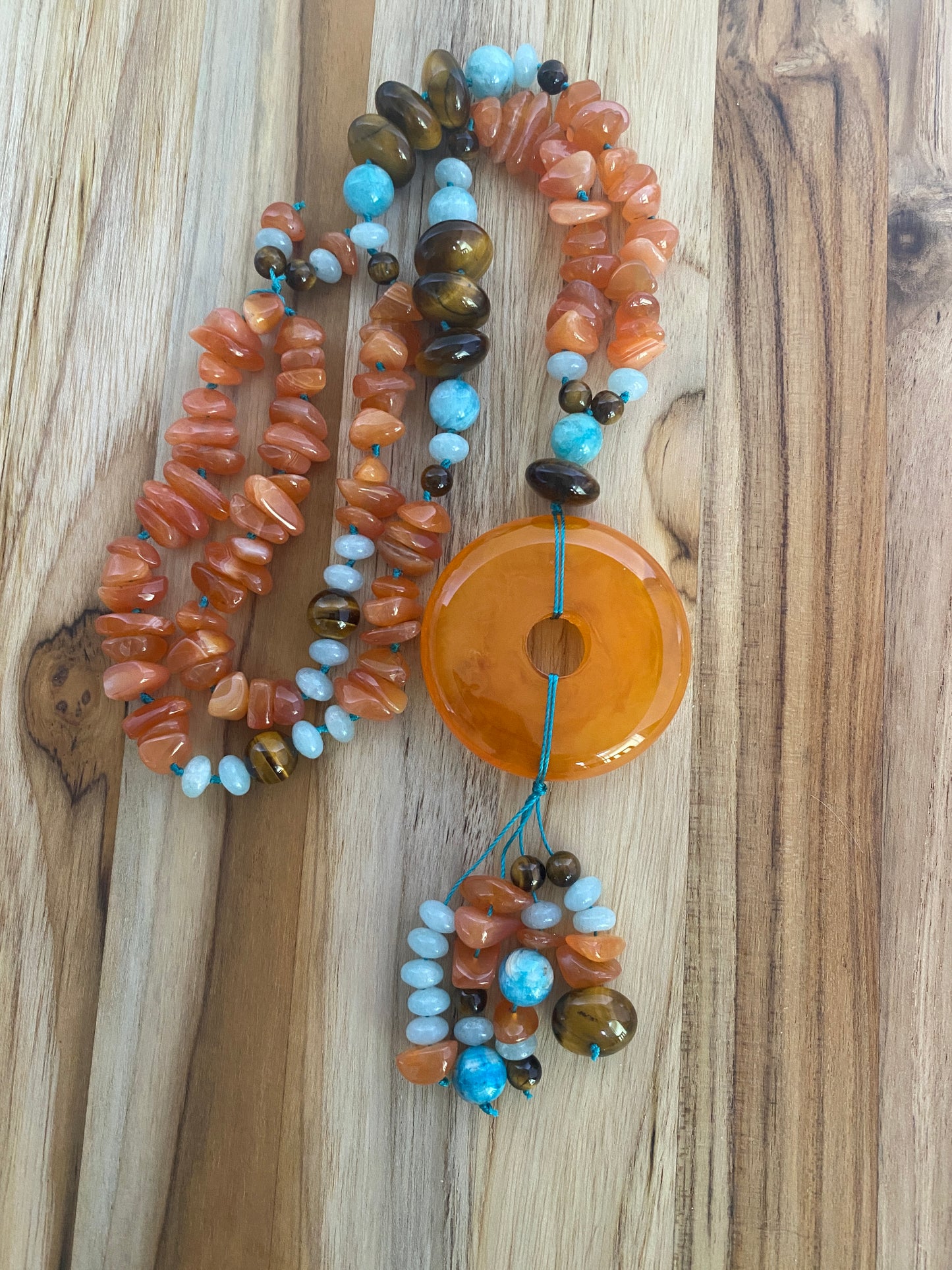 28" Long Large Orange Donut Beaded Necklace with Agate, Quartz & Tiger Eye Beads - My Urban Gems