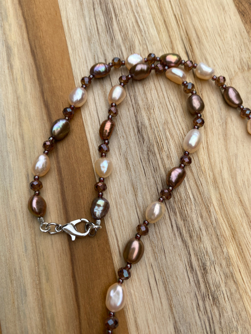 Dainty Brown and Cream Freshwater Pearl Beaded Necklace with Crystal Beads