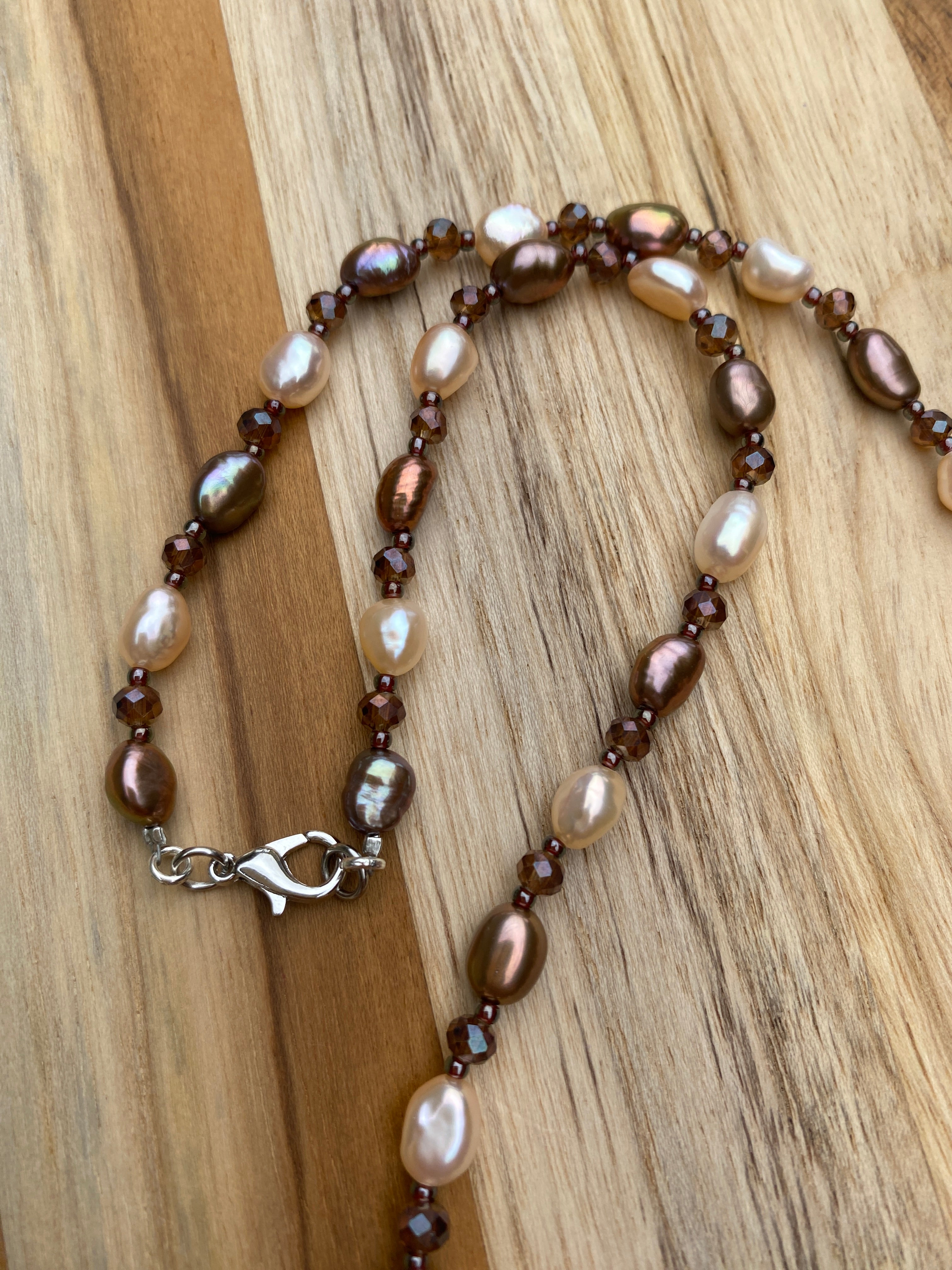 Dainty Brown and Cream Freshwater Pearl Beaded Necklace with Crystal Beads