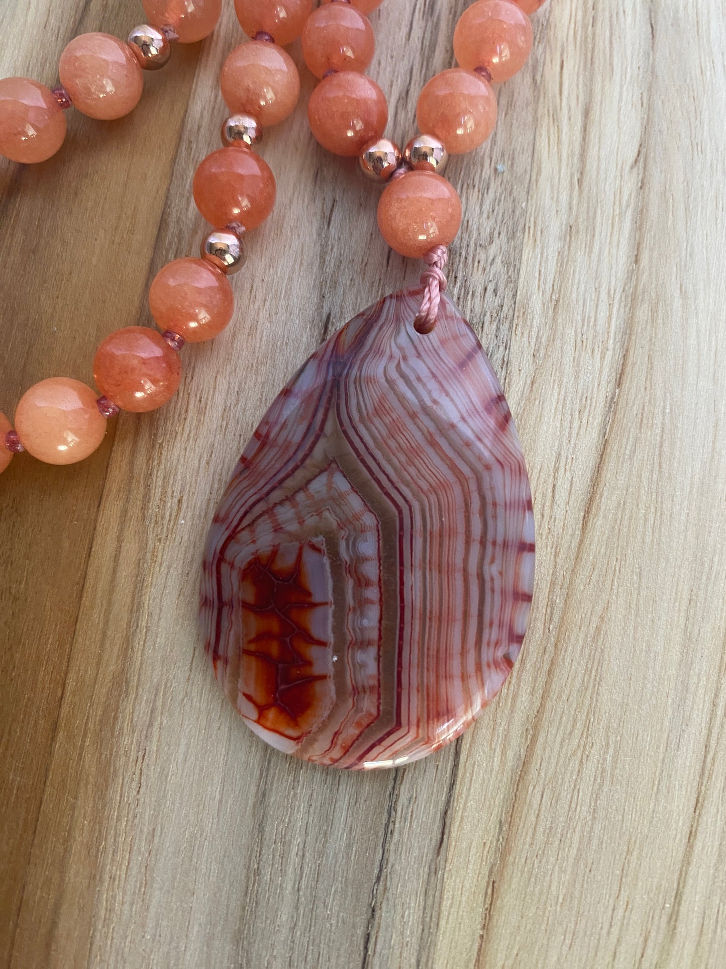 28" Long Stripes Agate Pendant Necklace with Orange Jade & Crystal Beads