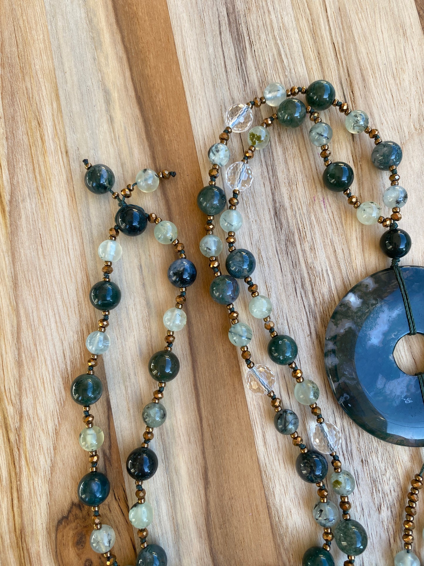 Green Moss Agate Donut Pendant Necklace with Moss Agate Prehnite and Clear Quartz Beads