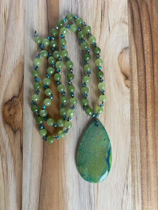 28" Long Green Dragon Vein Agate Pendant Necklace with Green Agate & Crystal Beads - My Urban Gems