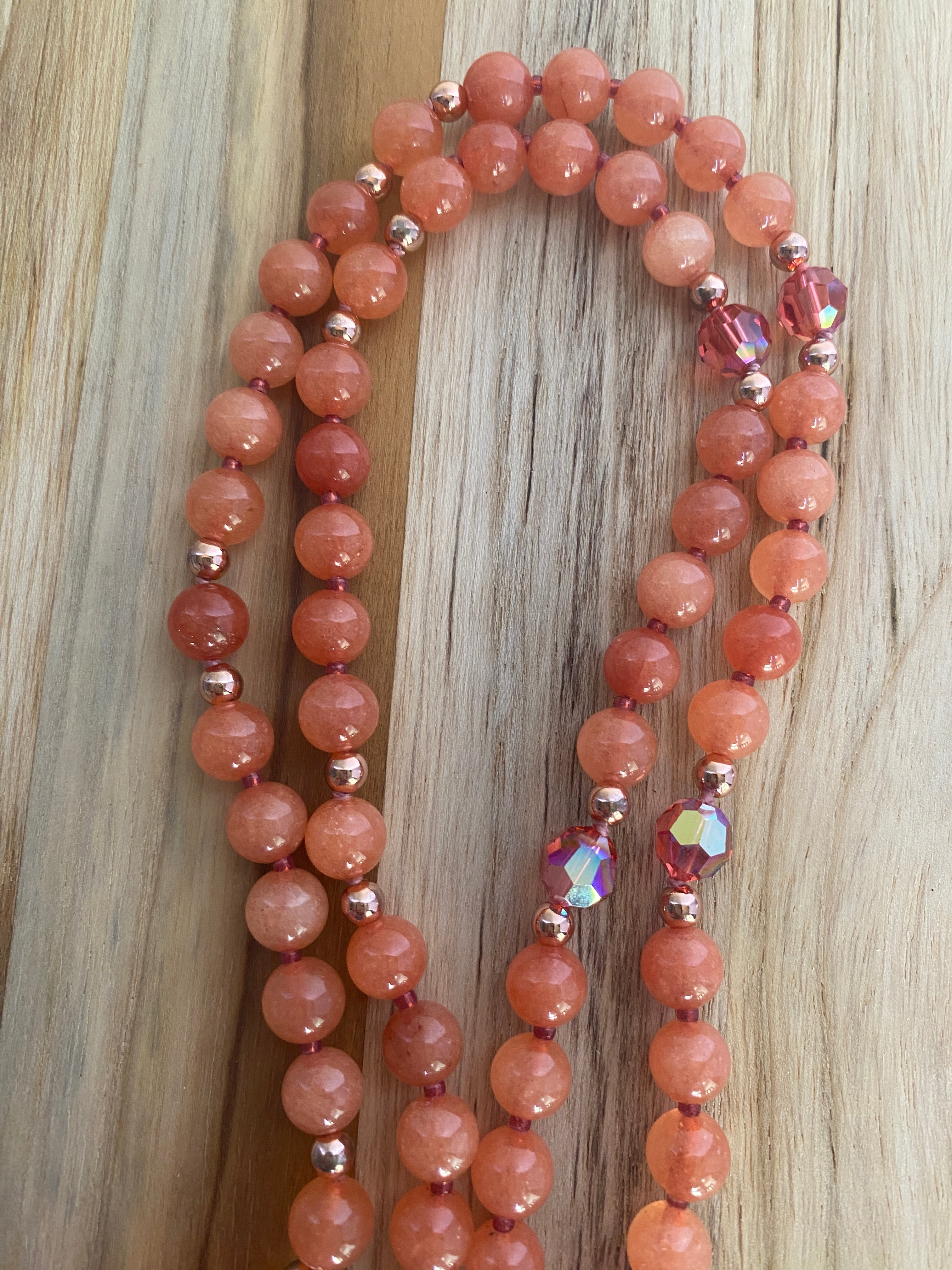 28" Long Stripes Agate Pendant Necklace with Orange Jade & Crystal Beads