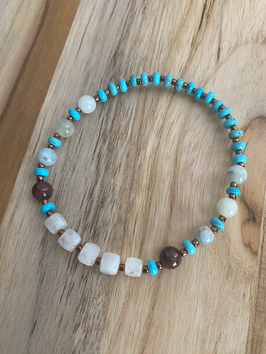 Multi Gemstone Stretch Bracelet with Moonstone Garnet Turquoise and Aquamarine