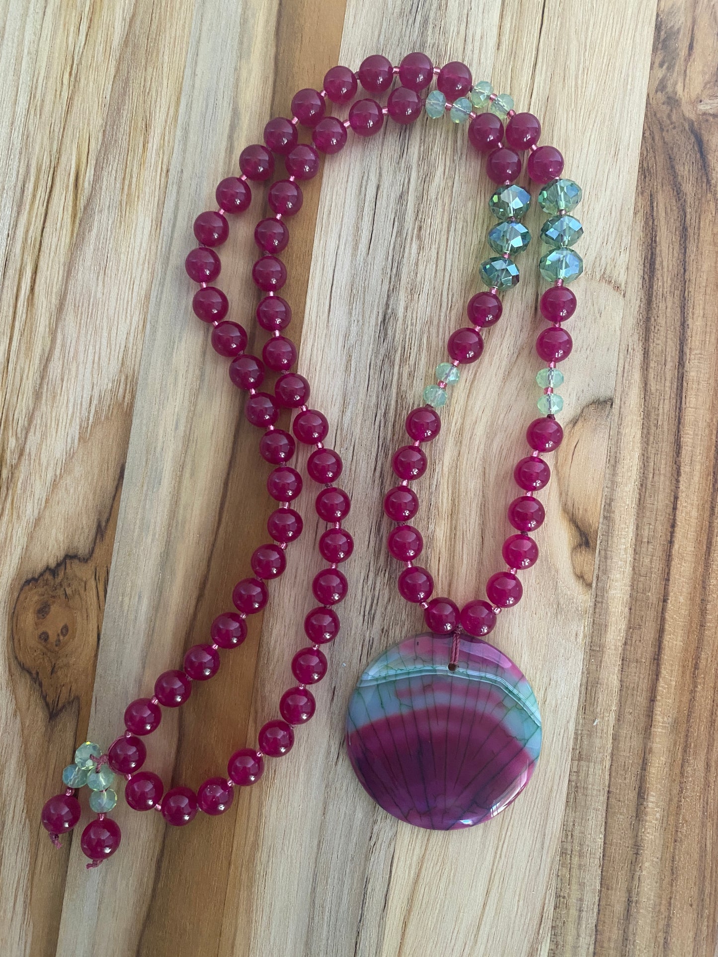 28" Long Rose & Green Agate Pendant Necklace with Rose Jade and Crystal Beads
