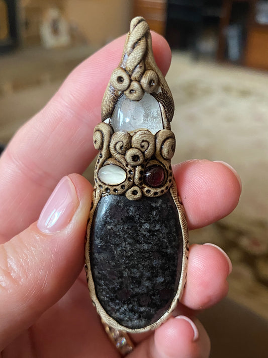 Polymer Clay Pendant with Black Quartz