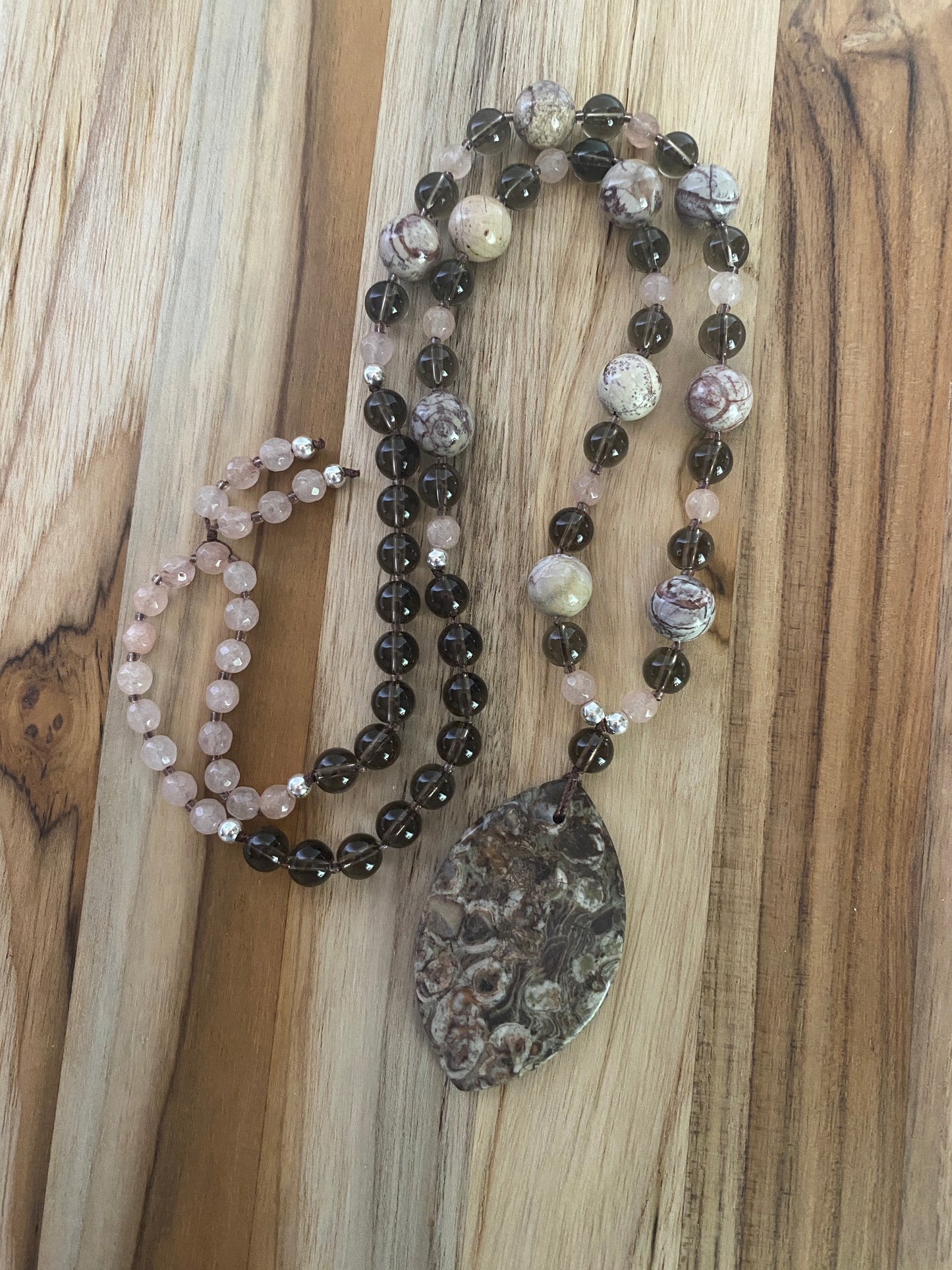 28" Long Ayaka Agate Pendant Necklace with Picasso Jasper, Smoky Quartz & Agate Beads - My Urban Gems