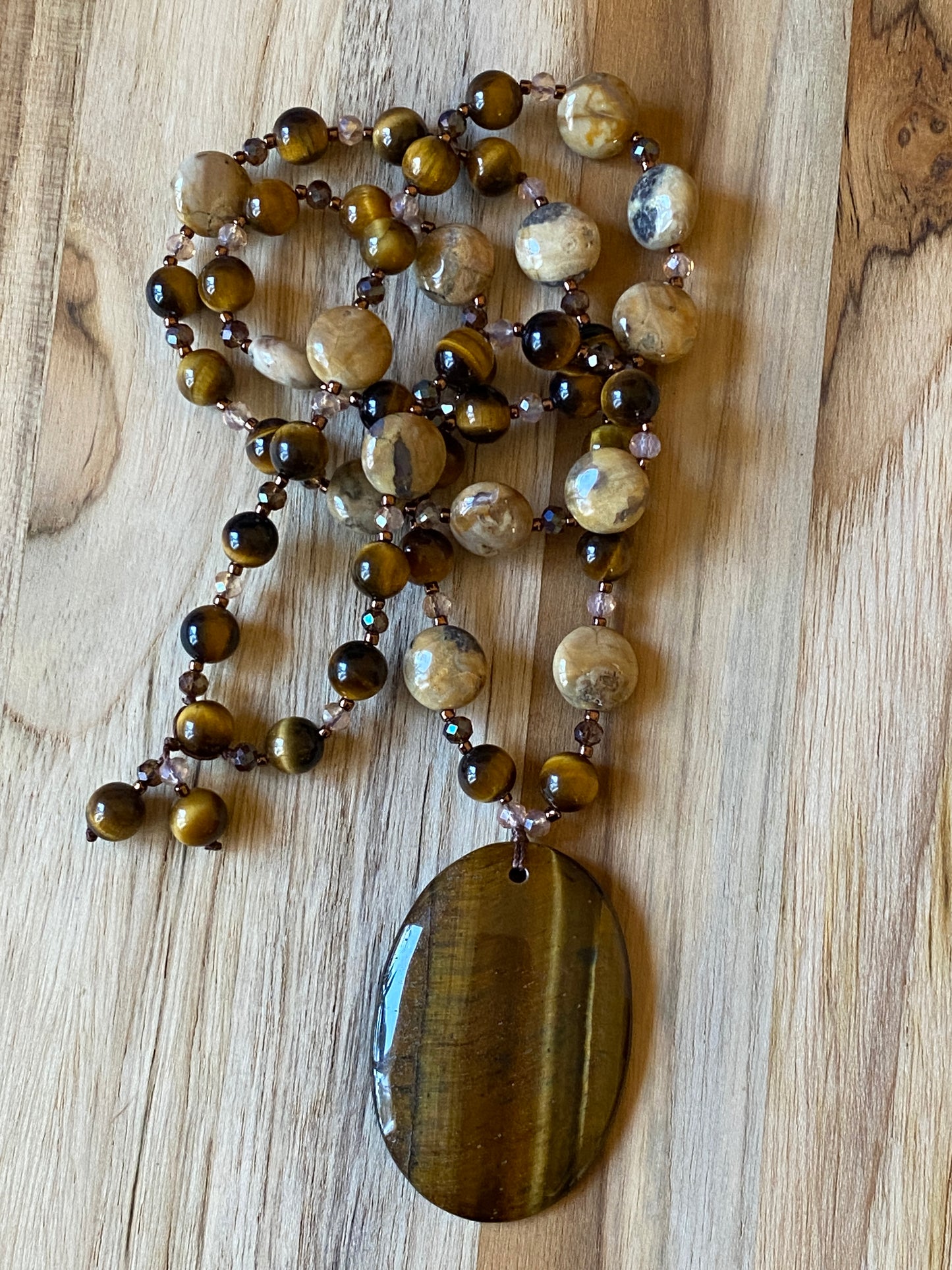 Long Tiger Eye Pendant Necklace with Agate and Crystal Beads