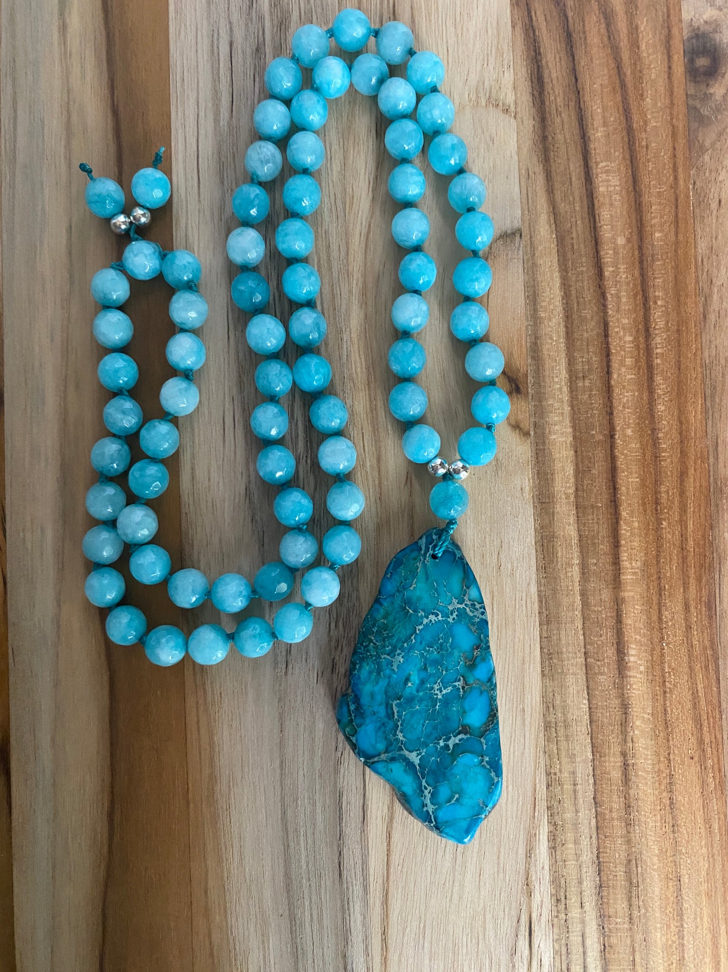 28" Long Ocean Blue Sea Sediment Jasper Pendant Necklace with Agate Beads - My Urban Gems