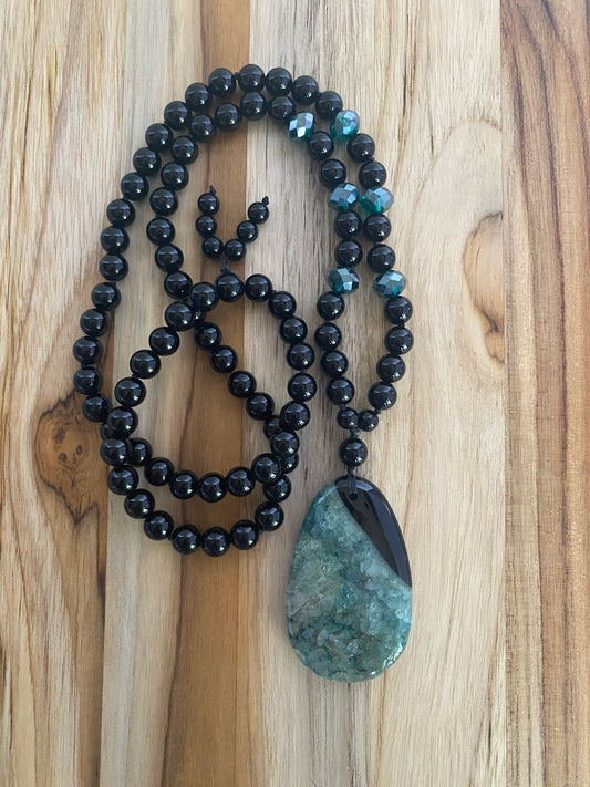 29" Long Black/Teal Druzy Geode Pendant Necklace with Black Onyx & Crystal Beads - My Urban Gems