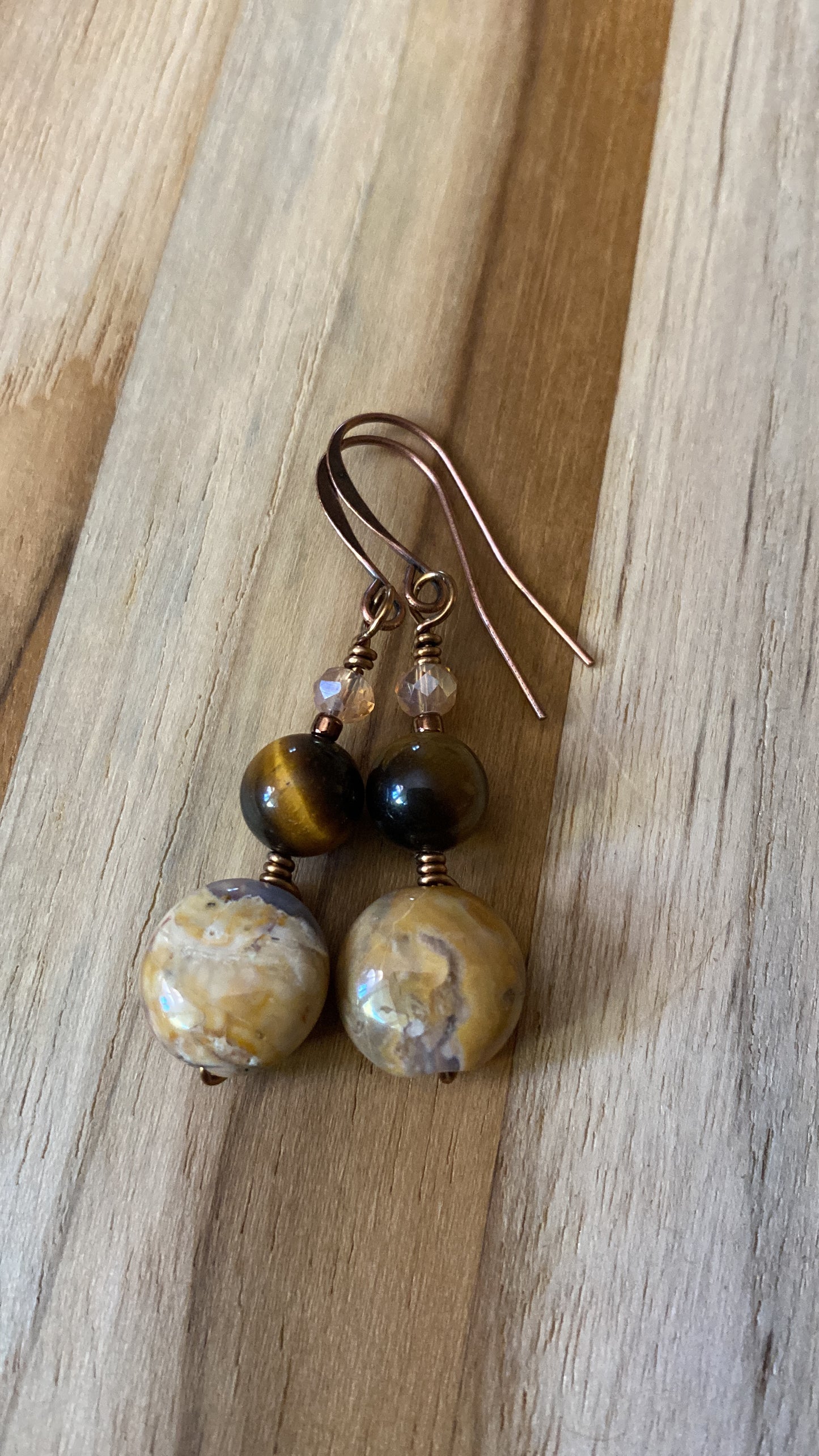 Tiger Eye and Agate Copper Fishhook Dangle Earrings - My Urban Gems