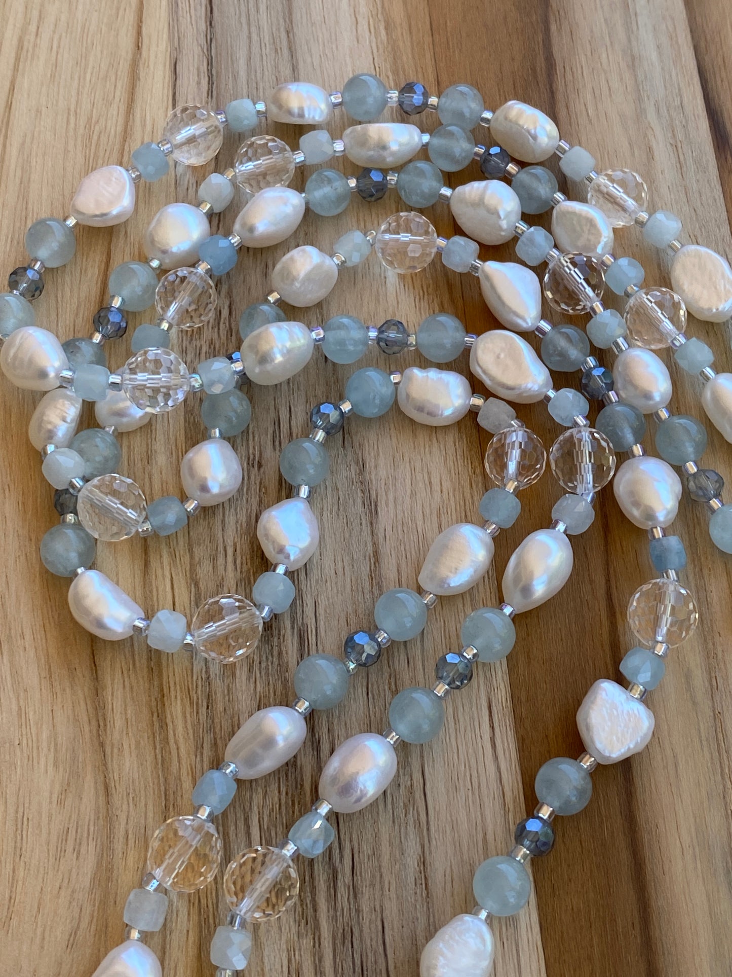 60" Extra Long Wraparound Style Necklace with Clear Quartz Aquamarine and White Baroque Pearls - My Urban Gems