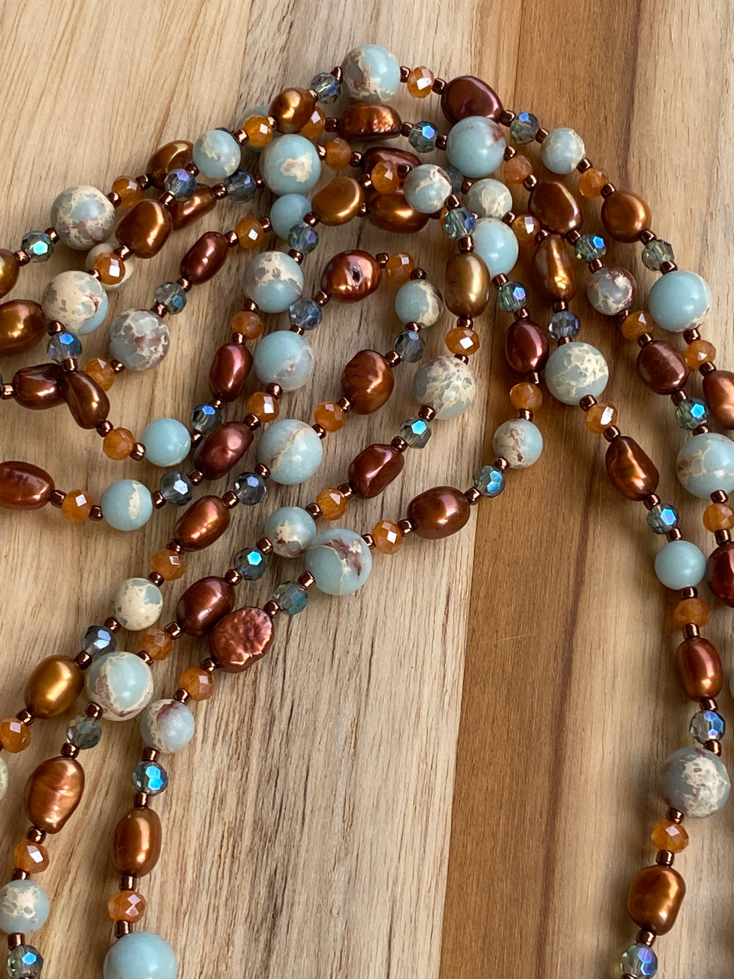 Extra Long Wraparound Necklace with Shoushan Stone Pearls and Crystal Beads