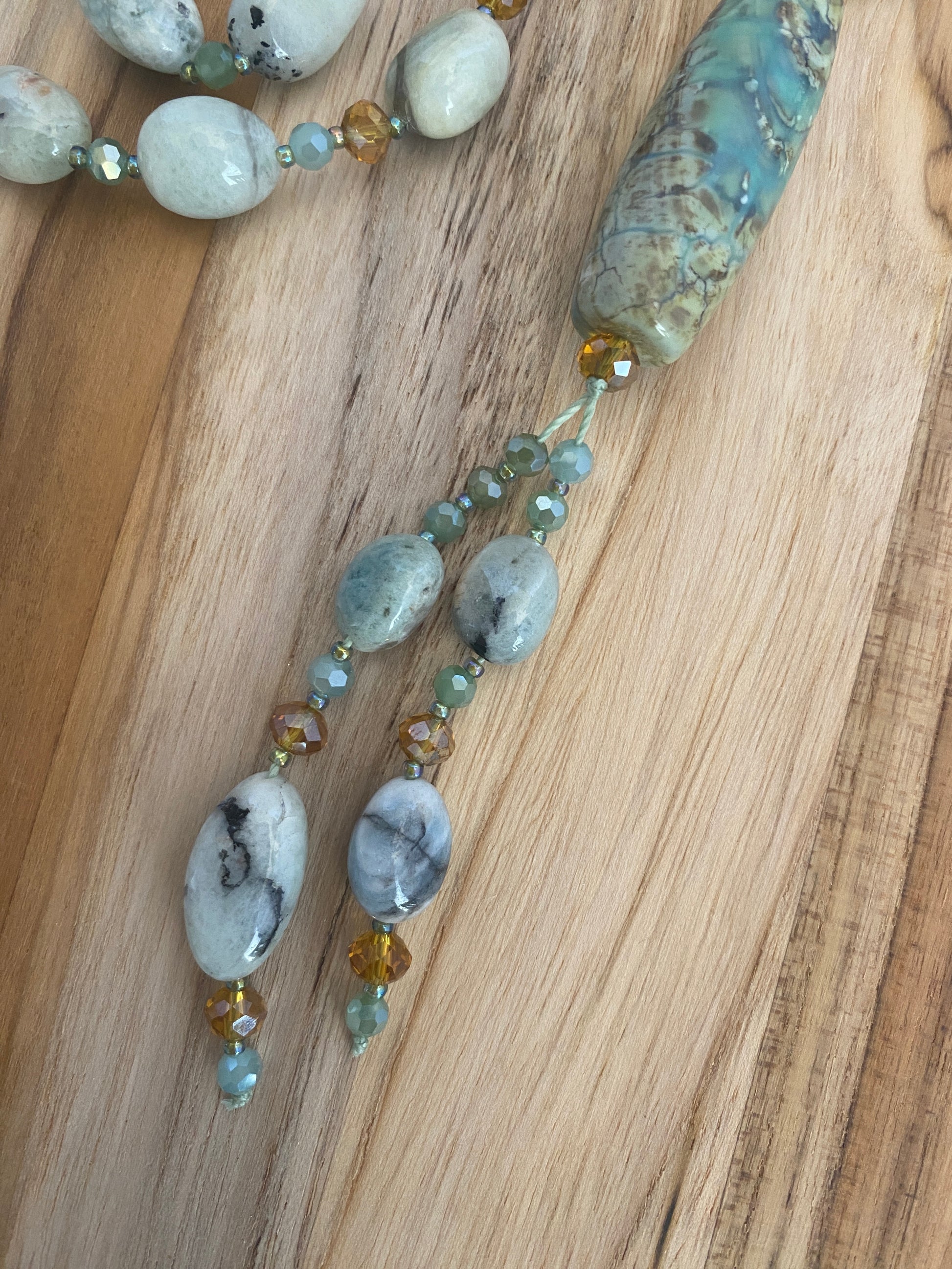 30" Long Amazonite Beaded Necklace with Agate Column Bead Focal - My Urban Gems