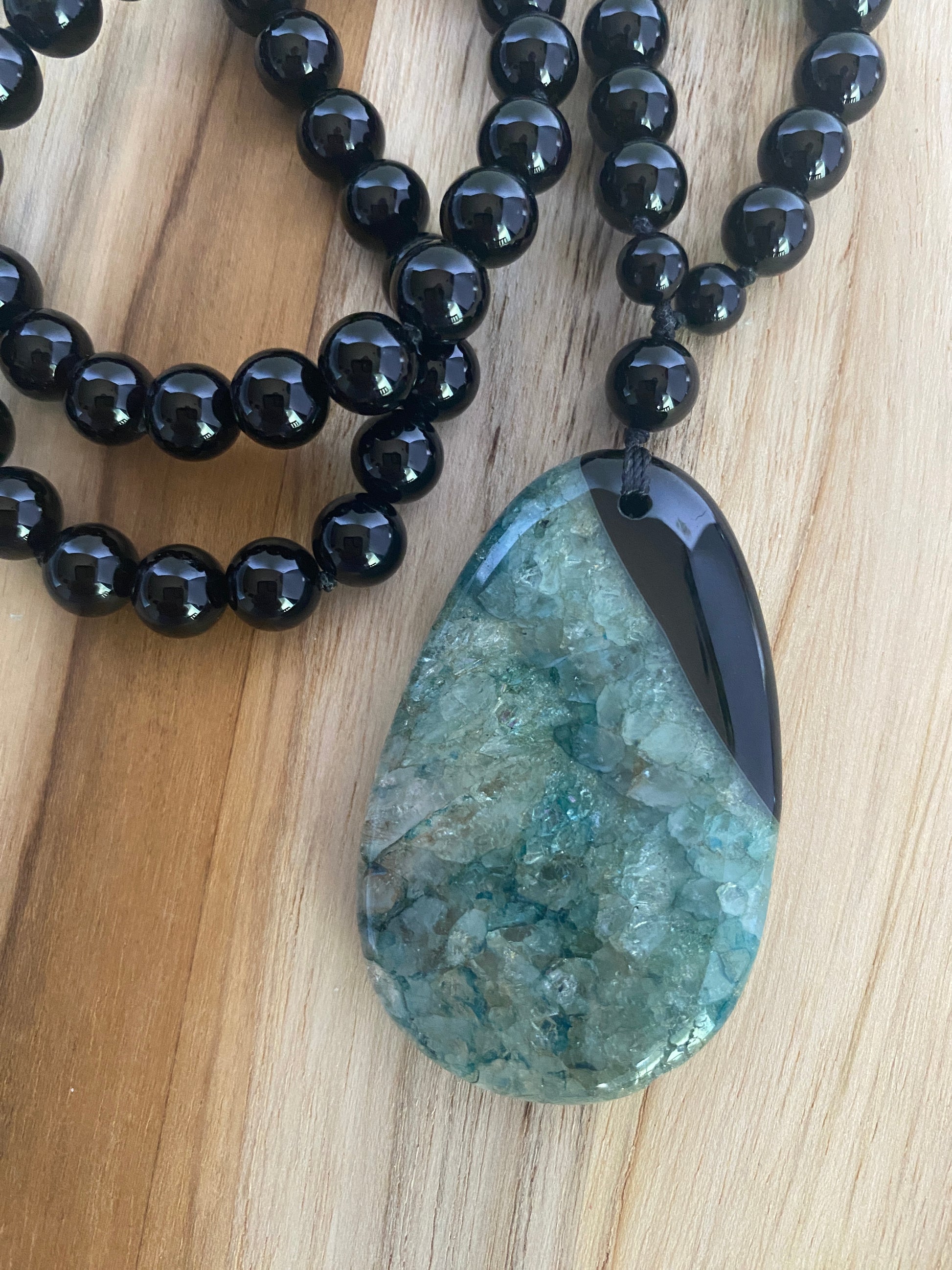 29" Long Black/Teal Druzy Geode Pendant Necklace with Black Onyx & Crystal Beads - My Urban Gems