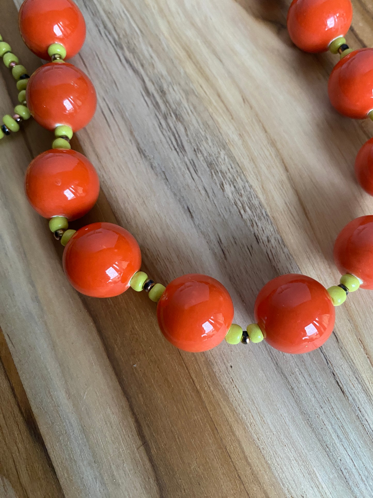 28" Long Large Orange Ceramic Beaded Necklace with Parrot and Yellow Beads - My Urban Gems