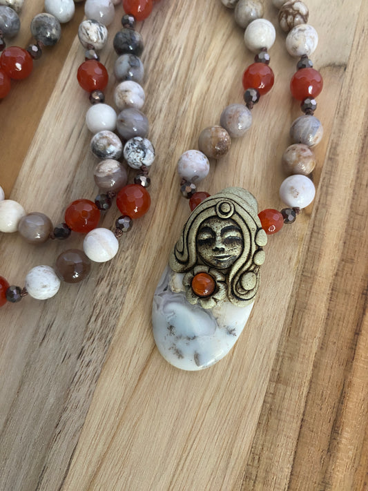 26" Long Dendritic Agate Clay Goddess Pendant Beaded Necklace with Carnelian & Agate Beads - My Urban Gems