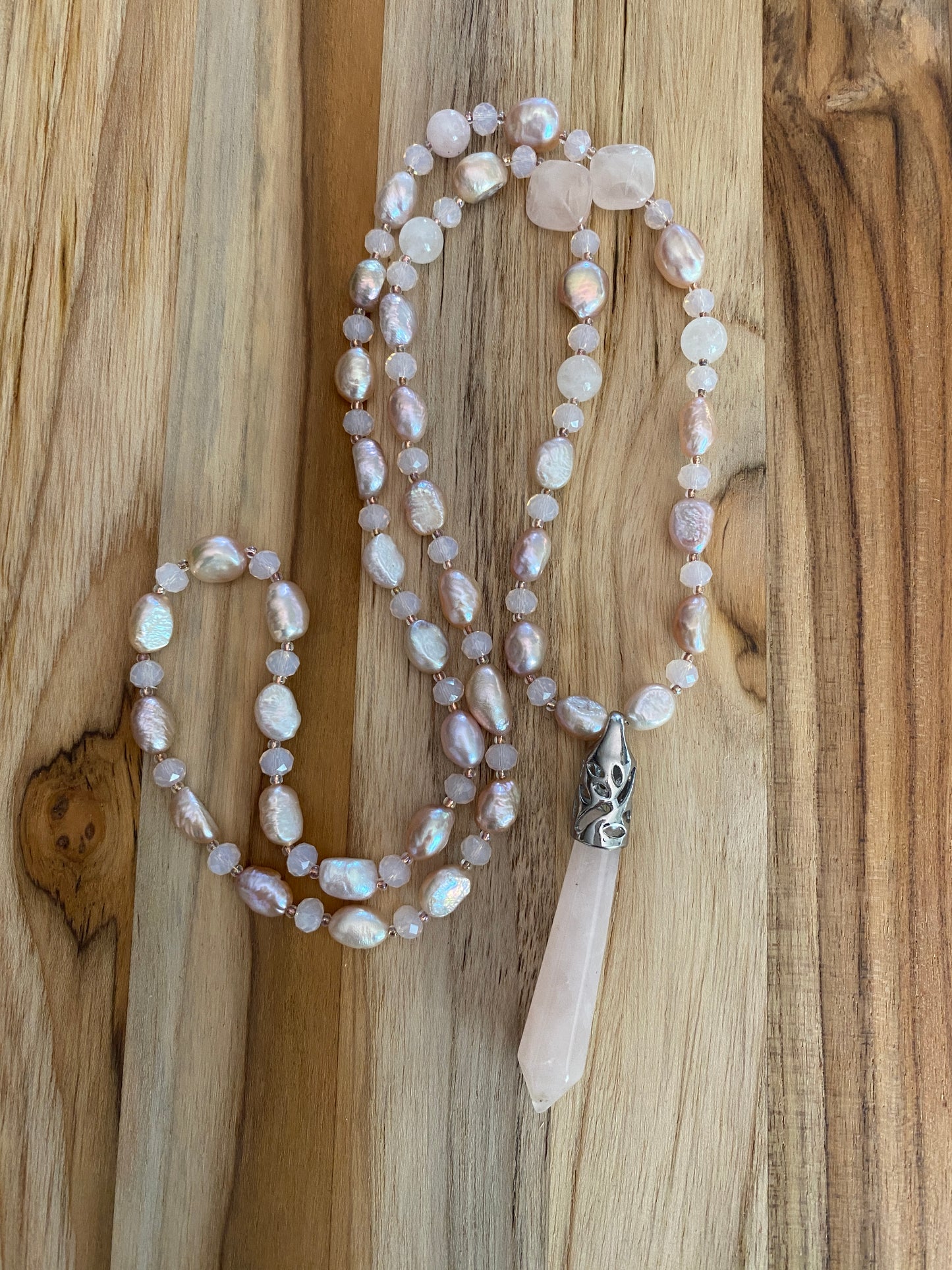 28" Long Rose Quartz Beaded Pendulum Necklace with Pearl & Crystal Beads - My Urban Gems