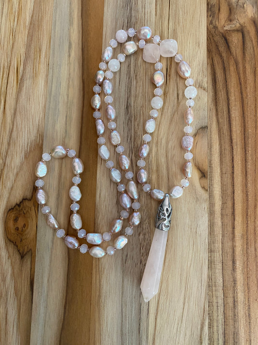 28" Long Rose Quartz Beaded Pendulum Necklace with Pearl & Crystal Beads