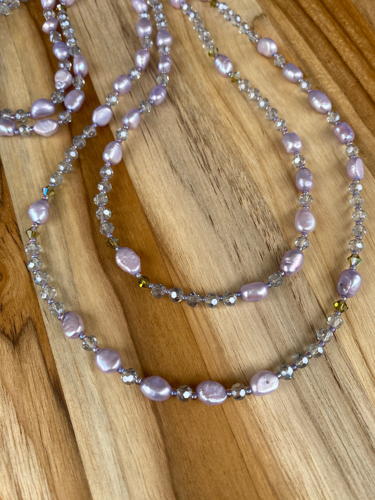 Dainty Long Pale Lavender Pearl Necklace with Crystal Beads