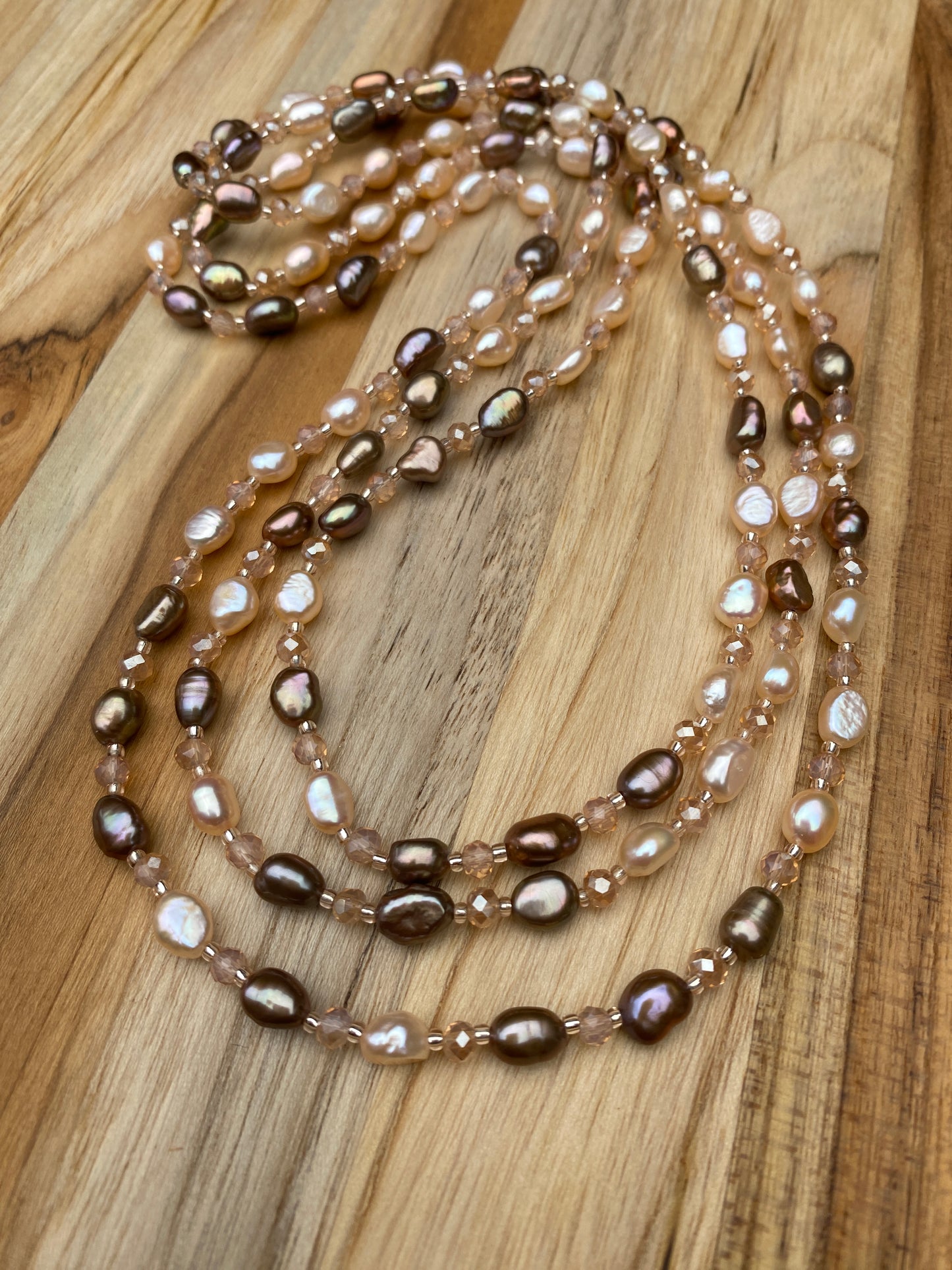 Long Dainty Brown and Cream Freshwater Pearl Beaded Necklace with Crystal Beads