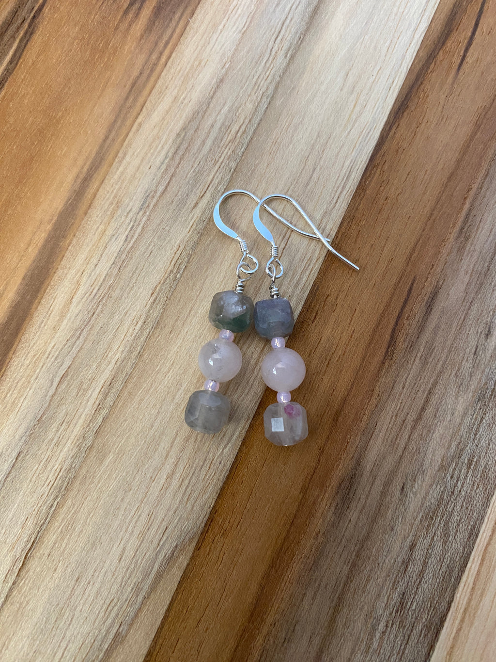 Pink Tourmaline Lepidolite and Rose Quartz Dangle Earrings
