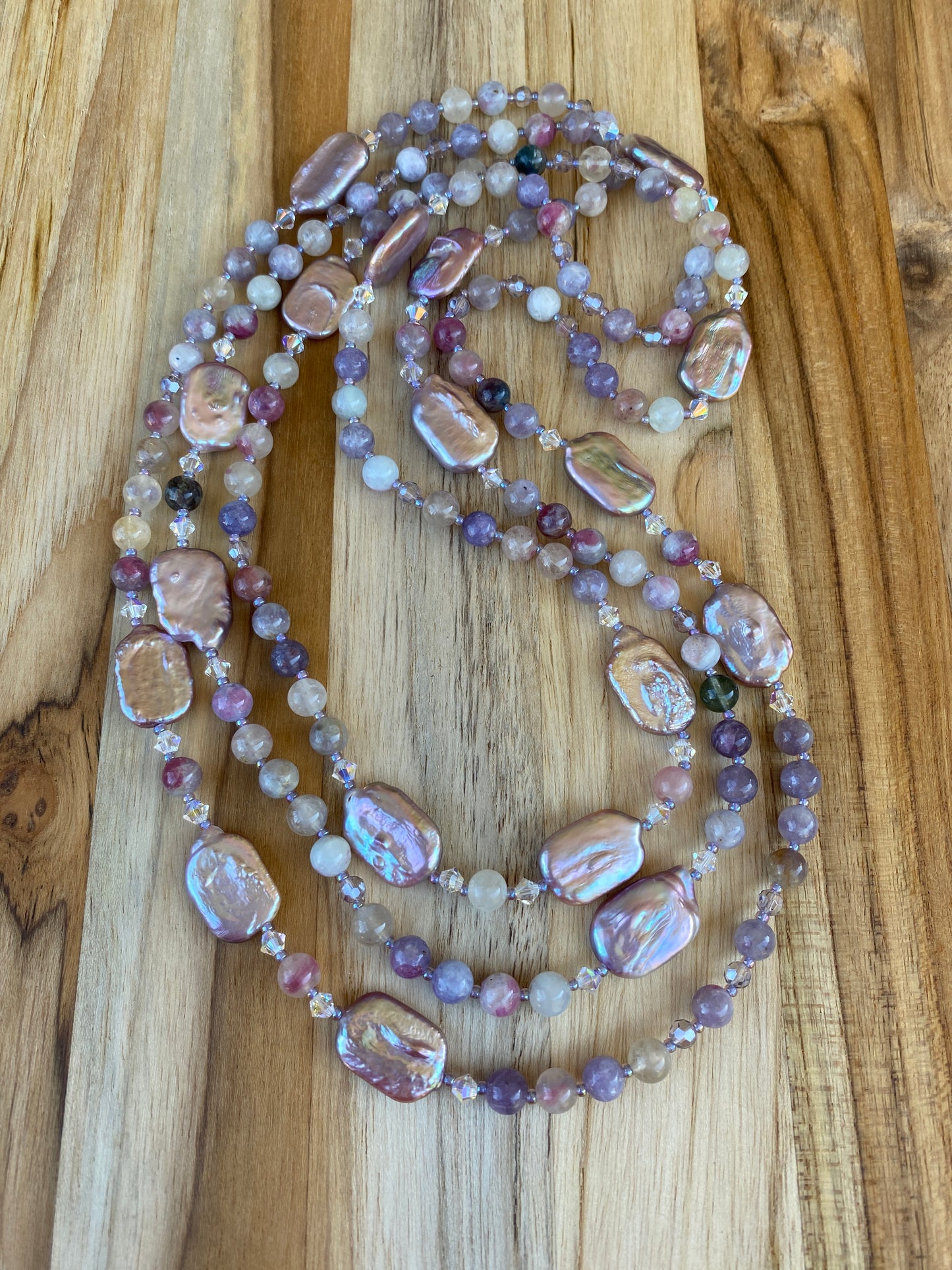 60" Extra Long Lavender Purple Beaded Biwa Pearl and Unicorn Stone Wraparound Style Necklace with Crystal Beads - My Urban Gems