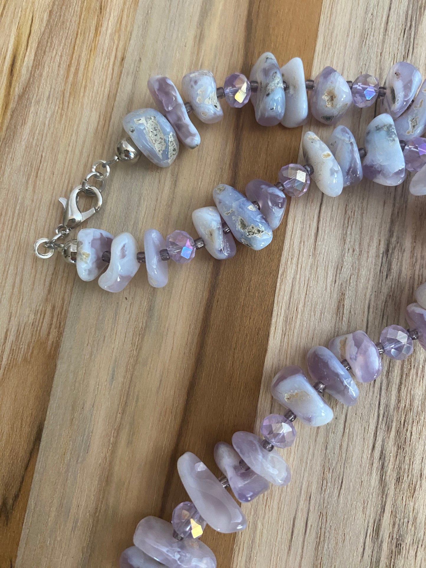 18" Long Beaded Lavender Chalcedony Chip Bead Necklace with Crystal Beads