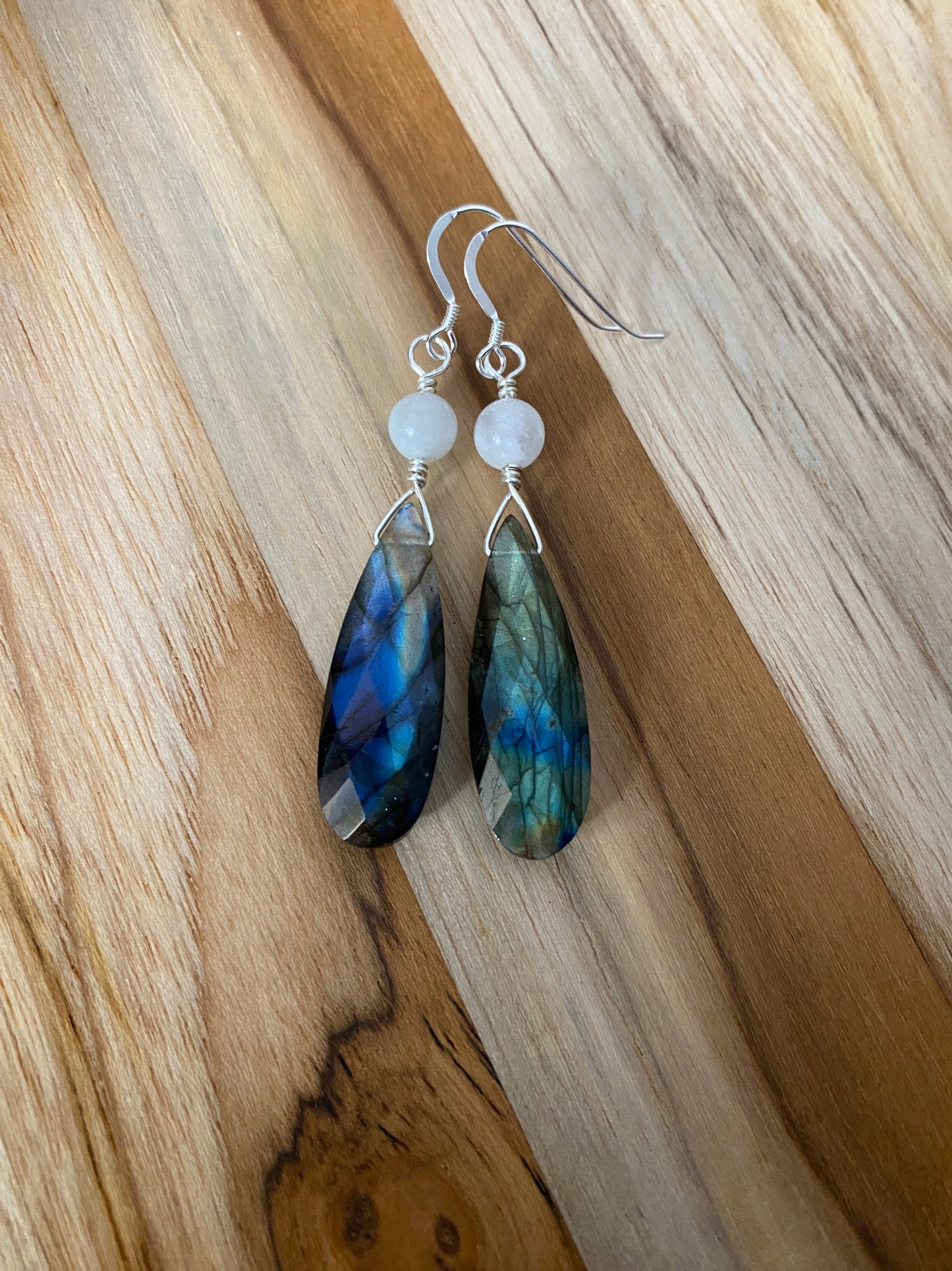 Long Flashy Labradorite and Moonstone Dangle Earrings with Sterling Silver