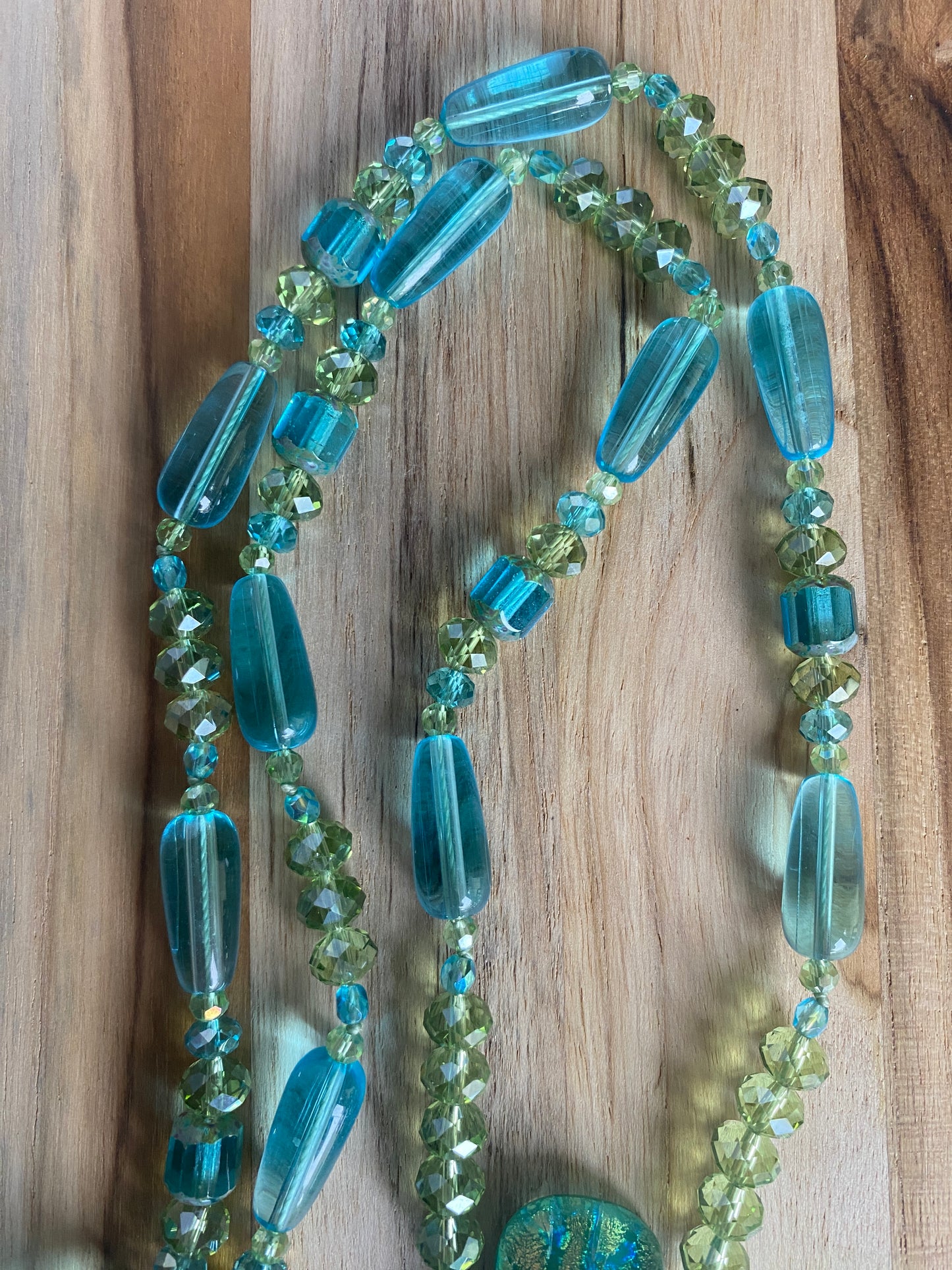 28" Long Aqua Dichroic Pendant Beaded Necklace with Glass & Crystal Beads