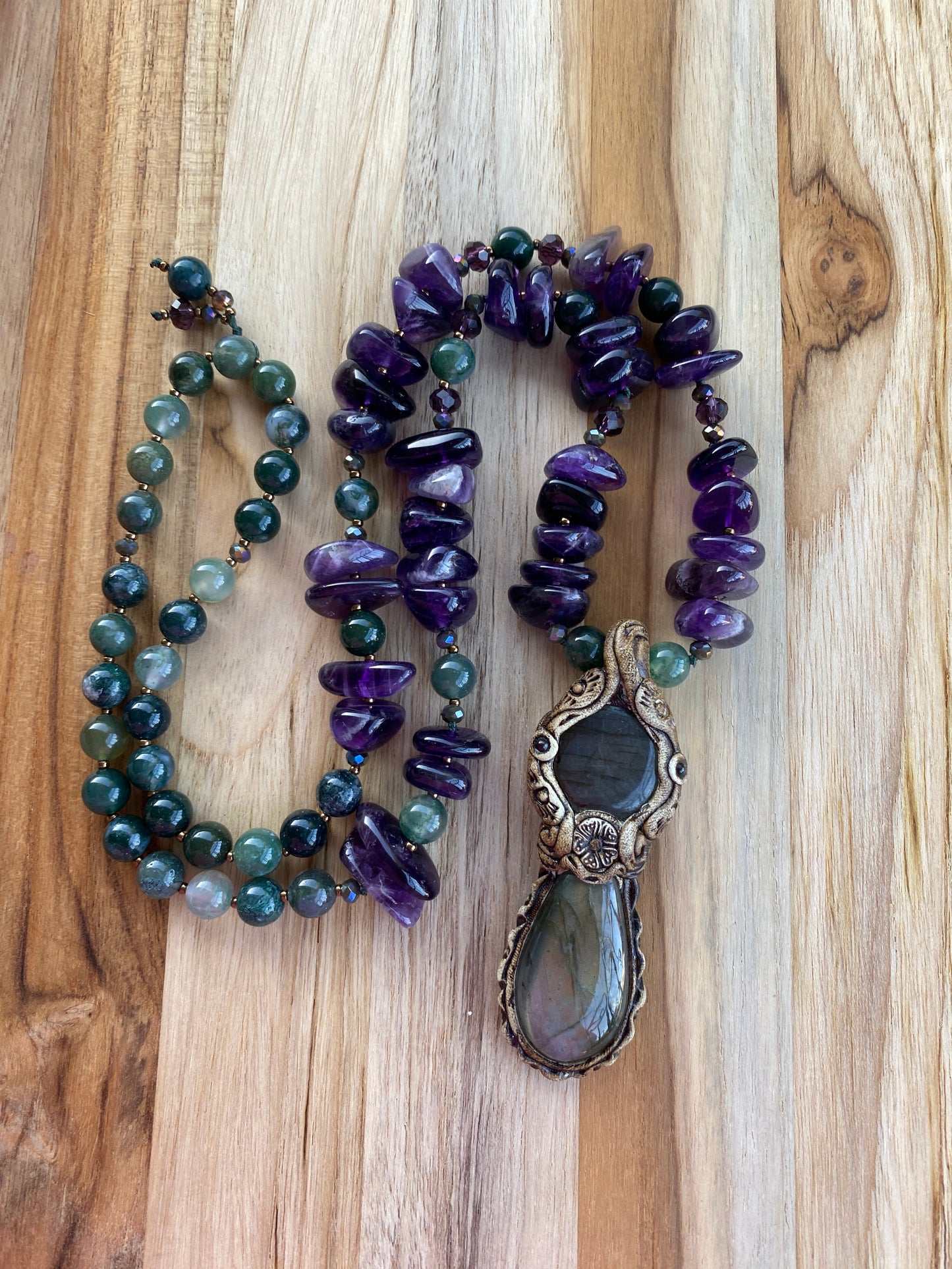 Polymer Clay Labradorite Pendant Necklace with Amethyst and Moss Agate Beads