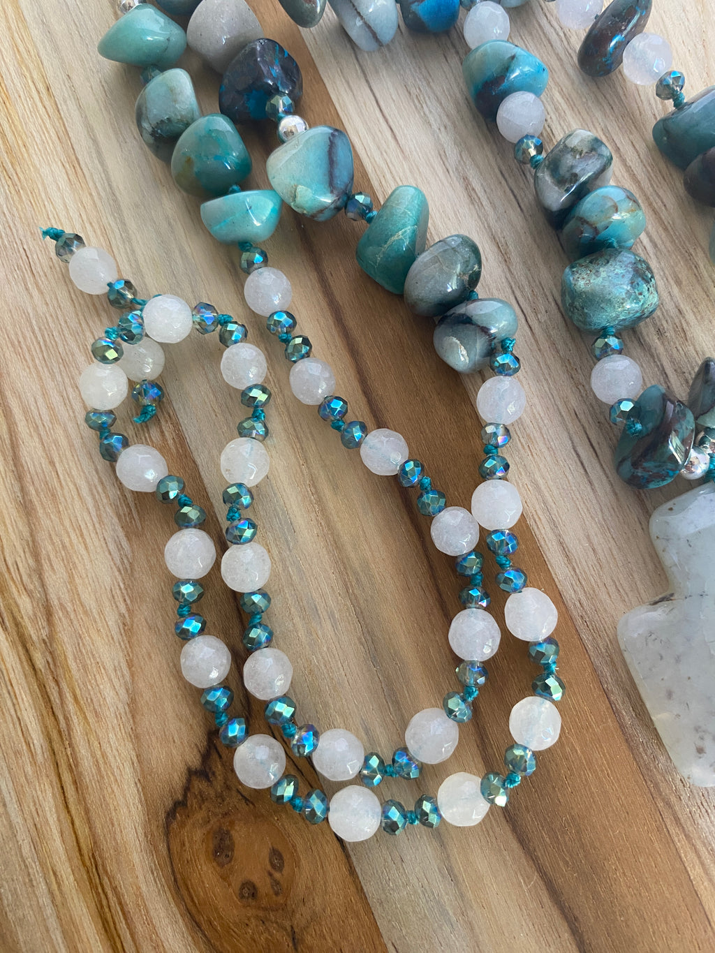 28" Long Light Grey Agate Cross Beaded Necklace with Tumbled Amazonite, Agate & Crystal Beads - My Urban Gems