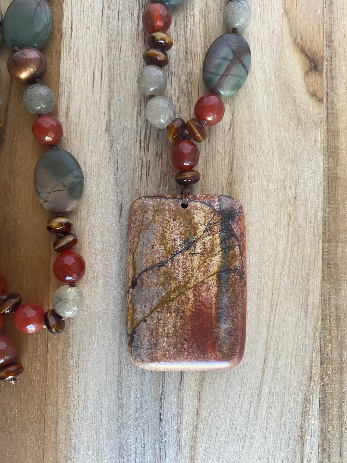 28" Long Picasso Jasper Oblong Pendant Necklace with Jasper Carnelian & Pearl Beads - My Urban Gems