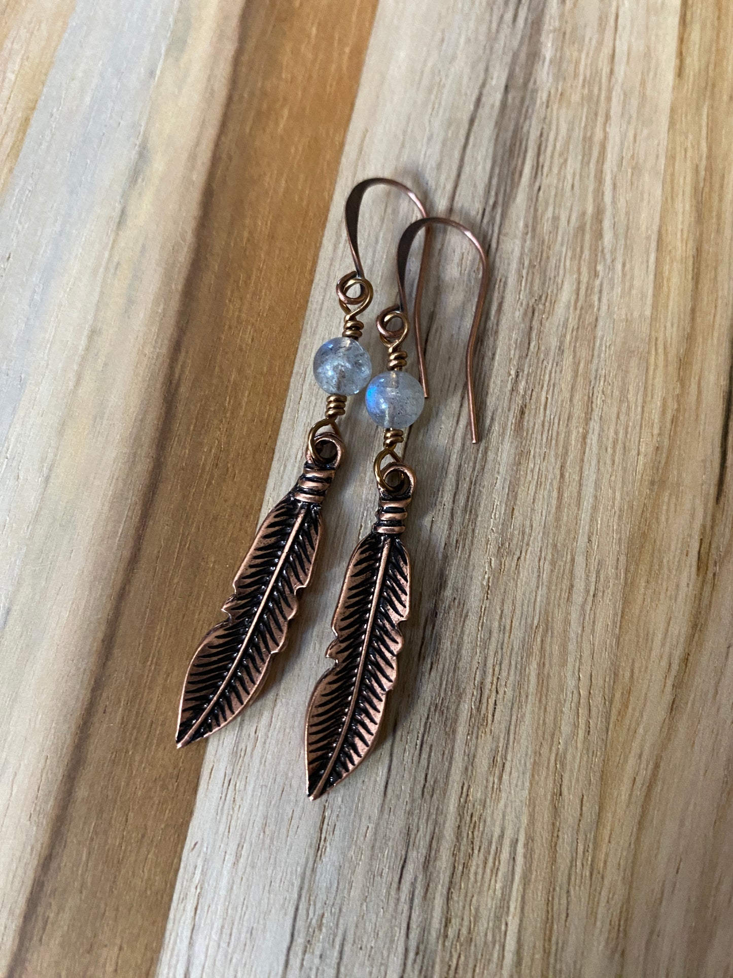 Long Copper Feather Fangle Earrings with Labradorite