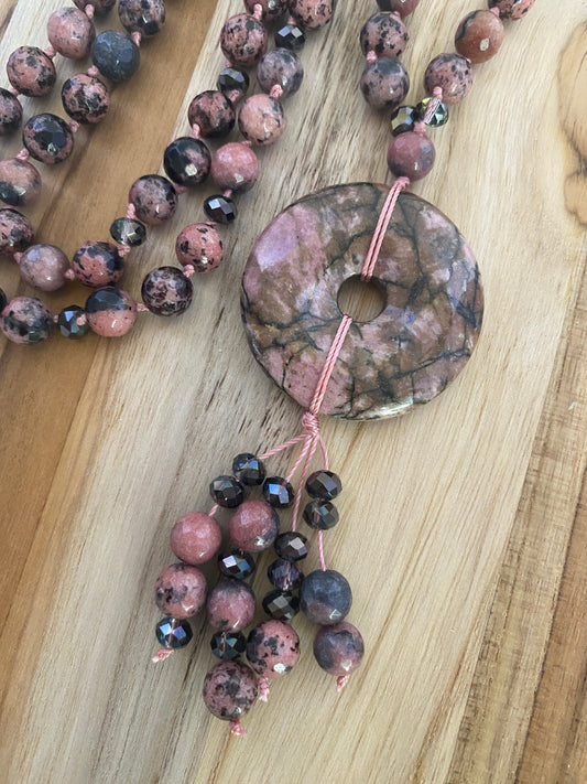 28" Long Pink and Black Rhodonite Donut Necklace with Faceted Rhodonite and Crystal Beads - My Urban Gems