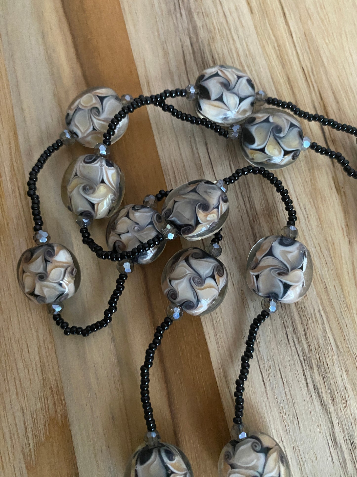 36" Black Swirl Art Glass & Crystal Necklace