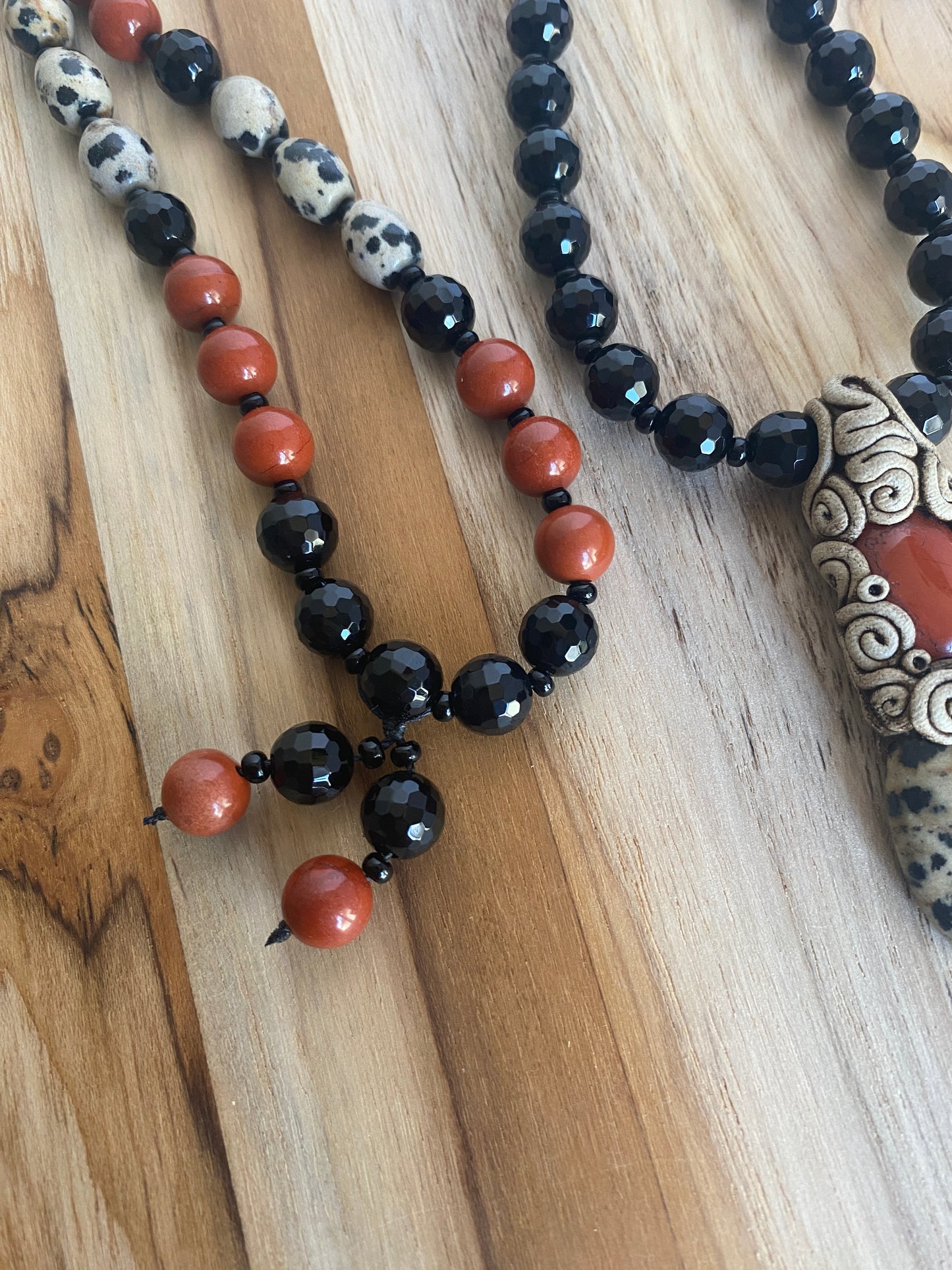 28" Long Polymer Clay Pendant Necklace with Dalmatian Jasper Red Jasper & Black Onyx Beads - My Urban Gems