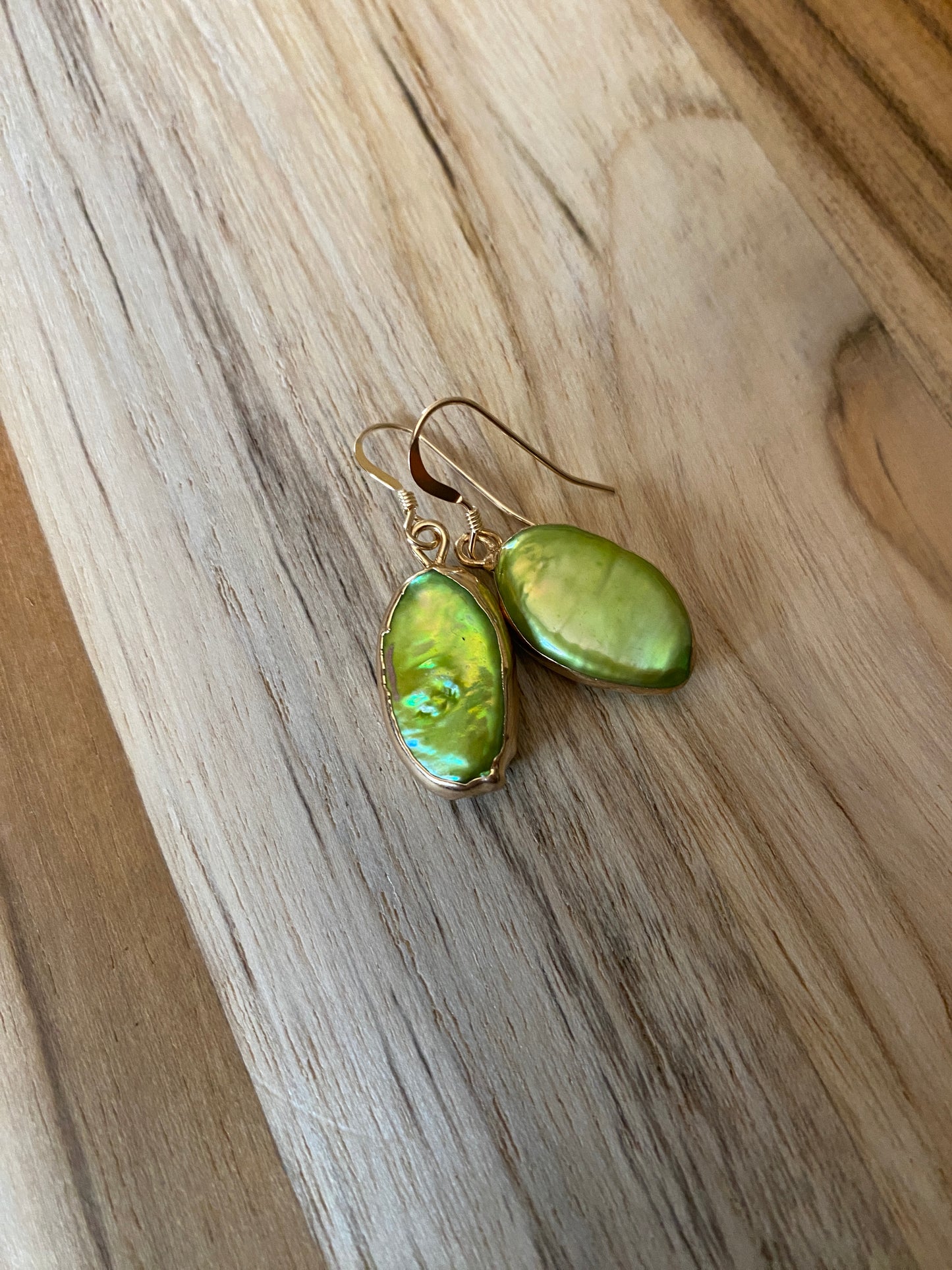 Golden Chartreuse Green Pearl Dangle Earrings with Gold Filled Ear Wires - My Urban Gems