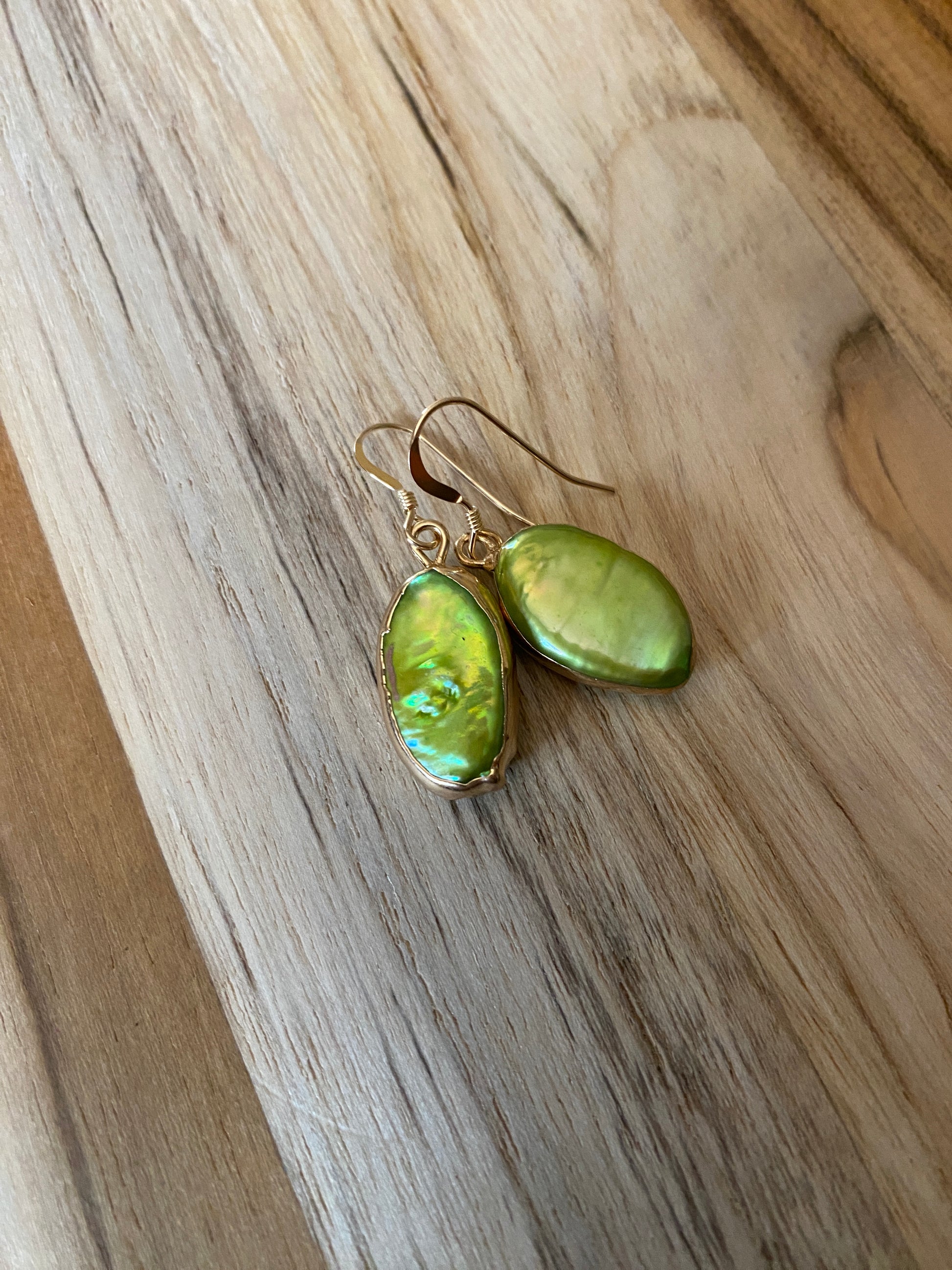 Golden Chartreuse Green Pearl Dangle Earrings with Gold Filled Ear Wires - My Urban Gems