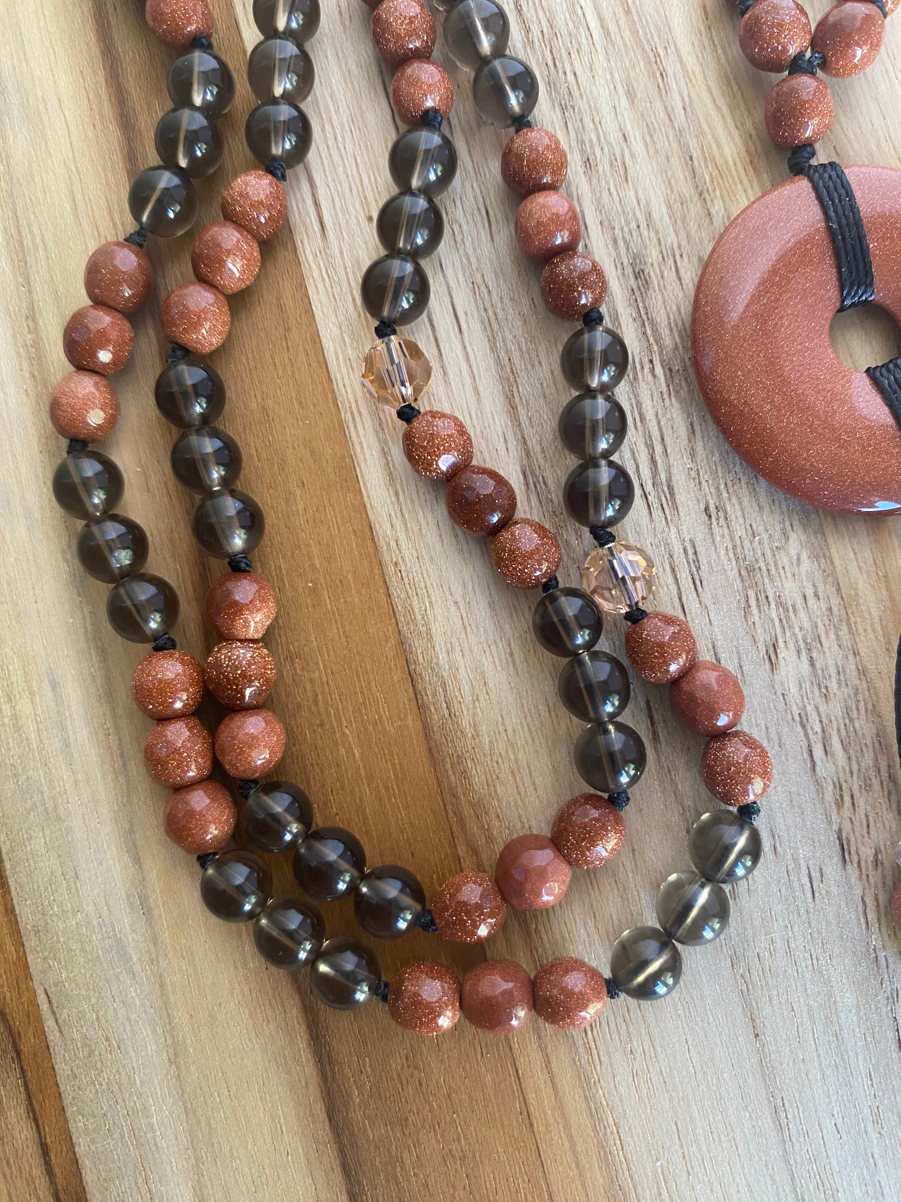 30" Goldstone, Smoky Quartz & Swarovski Crystal Donut Necklace - My Urban Gems