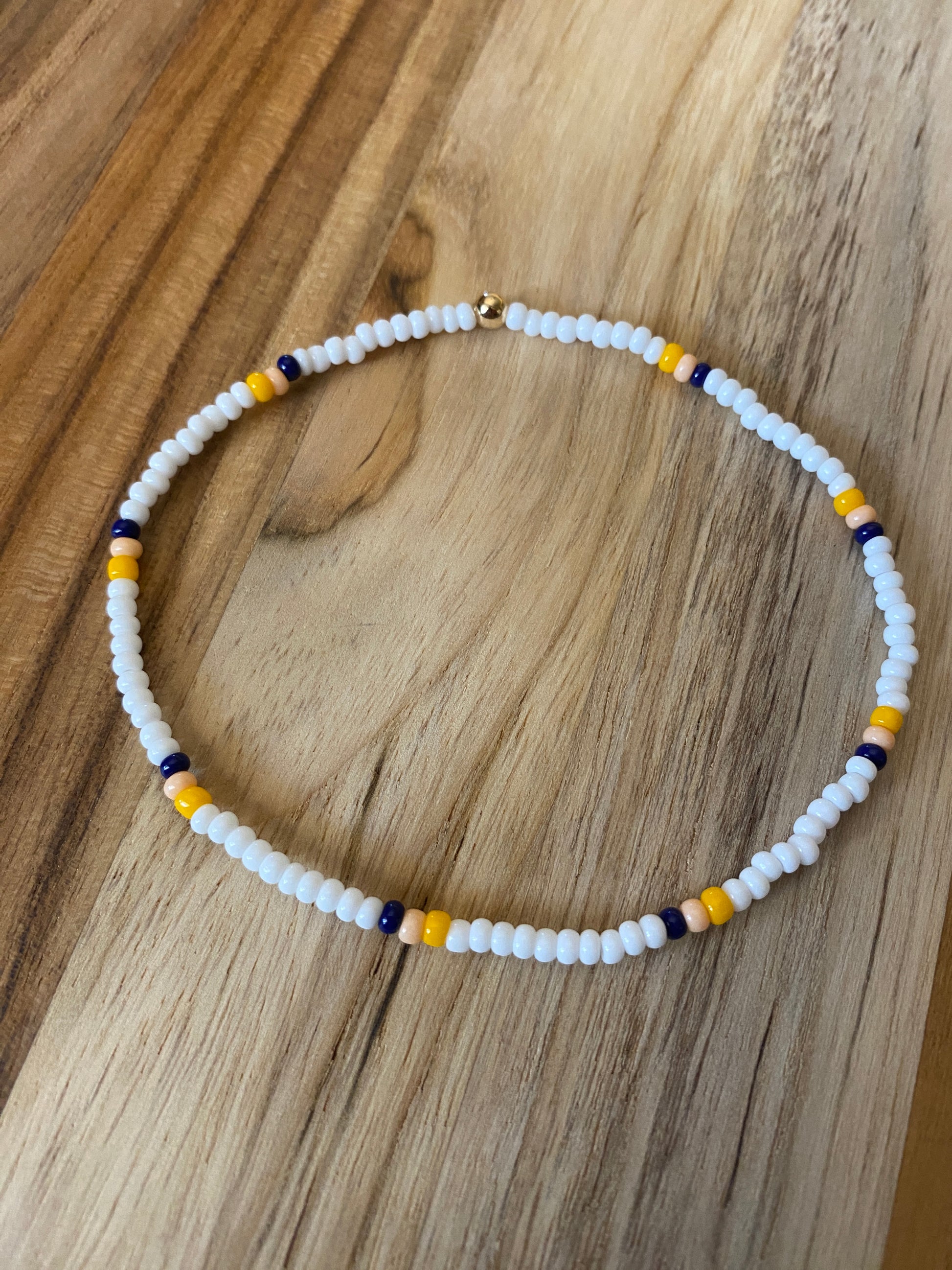 Dainty Beach Vibe White Seed Bead Ankle Bracelet Anklet with Navy and Yellow Accents - My Urban Gems