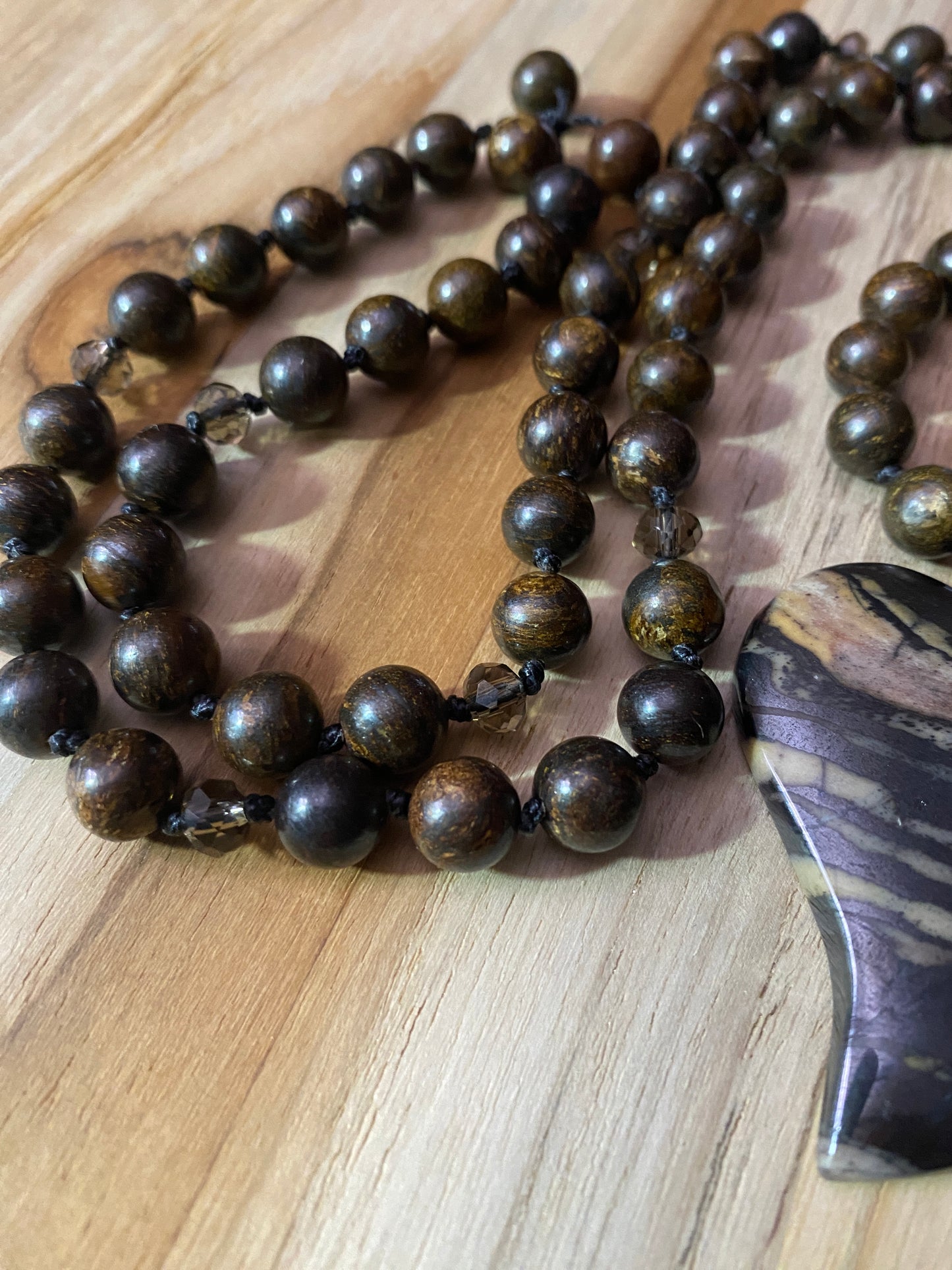 Long Tiger Iron Heart Necklace with Bronzite and Crystal Beads