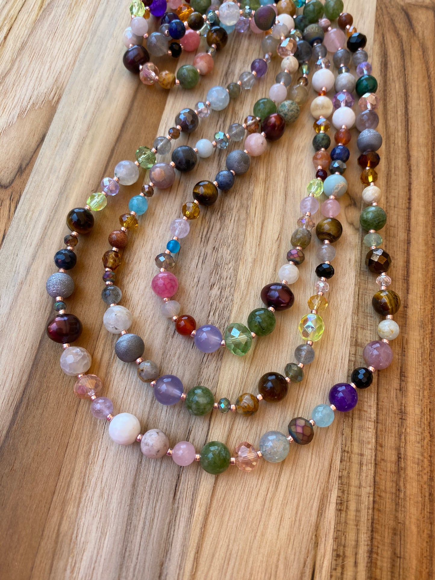 Extra Long Multi Gemstone Beaded Necklace with Crystal and Glass Beads