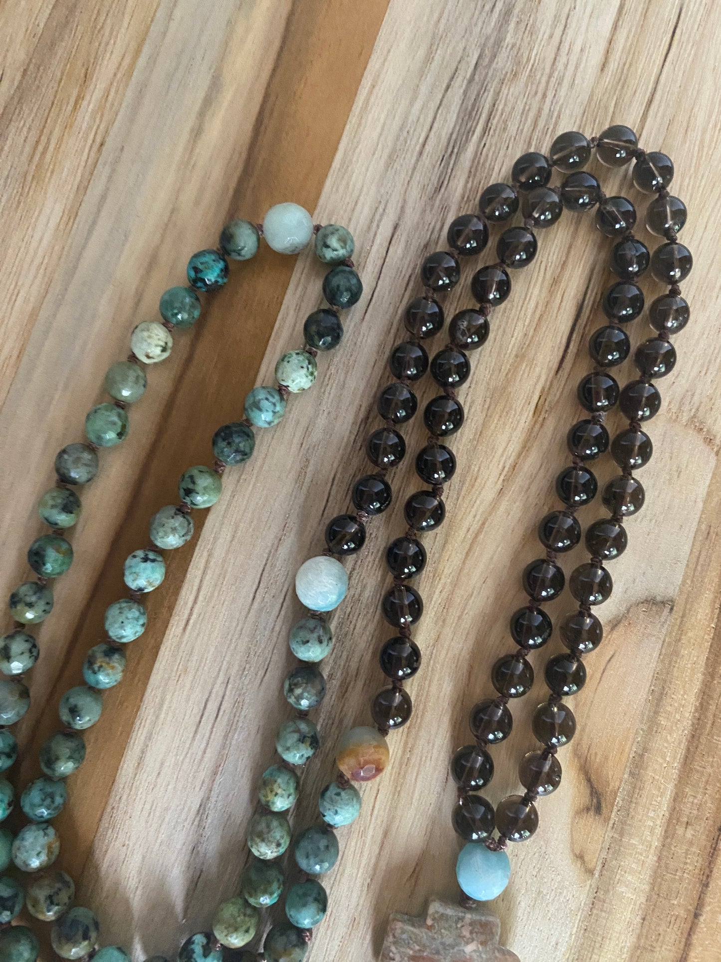 34" Long Smoky Quartz, African Turquoise & Amazonite 108 Bead Mala Prayer Tassel Necklace