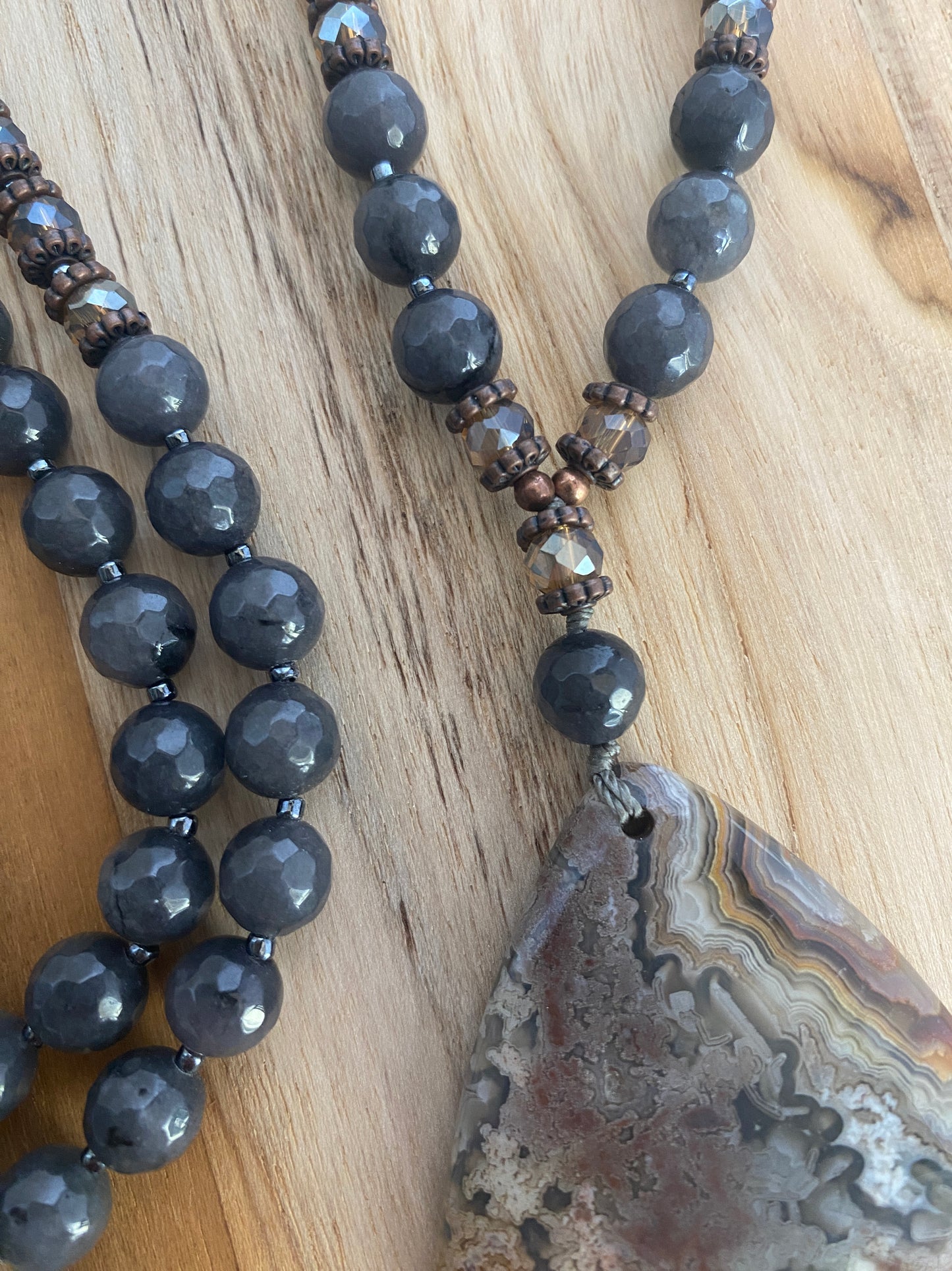 30" Long Crazy Lace Triangle Agate Pendant Necklace with Dark Grey Agate, Crystal & Copper Beads - My Urban Gems