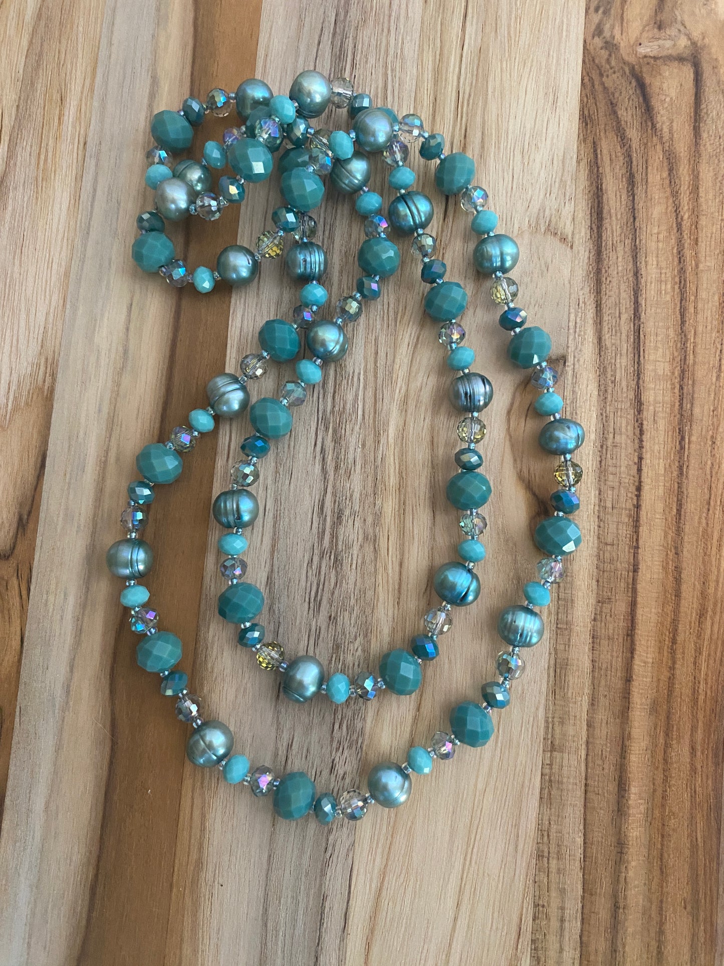 35" Long Teal Freshwater Pearl & Crystal Beaded Necklace