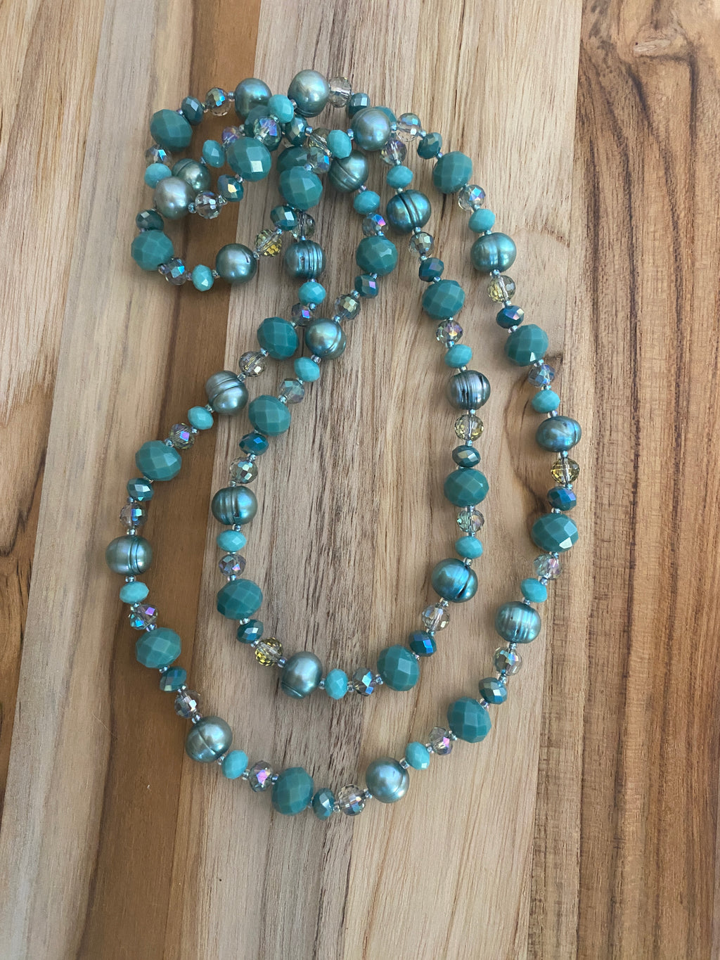 35" Long Teal Freshwater Pearl & Crystal Beaded Necklace - My Urban Gems