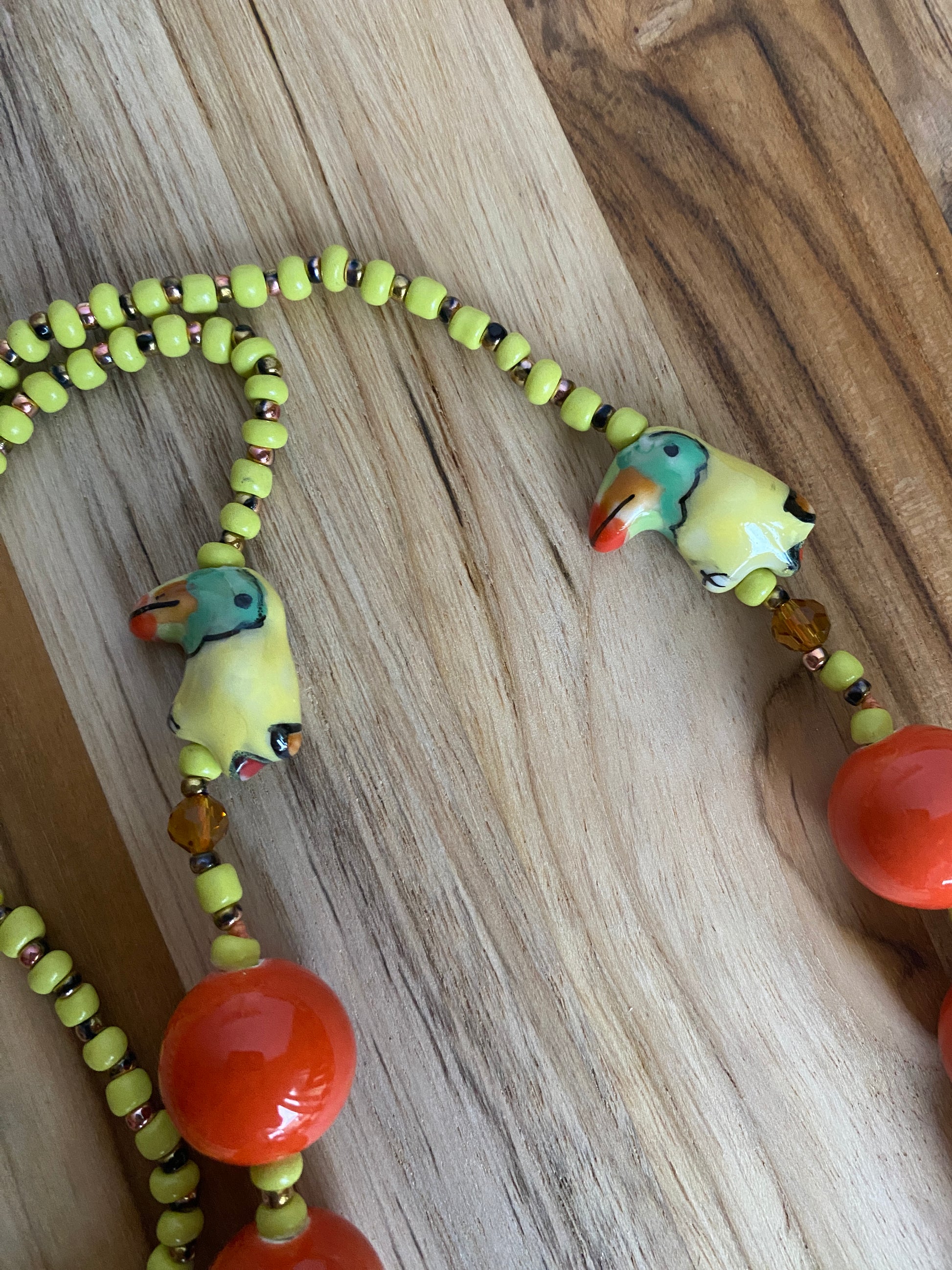 28" Long Large Orange Ceramic Beaded Necklace with Parrot and Yellow Beads - My Urban gems
