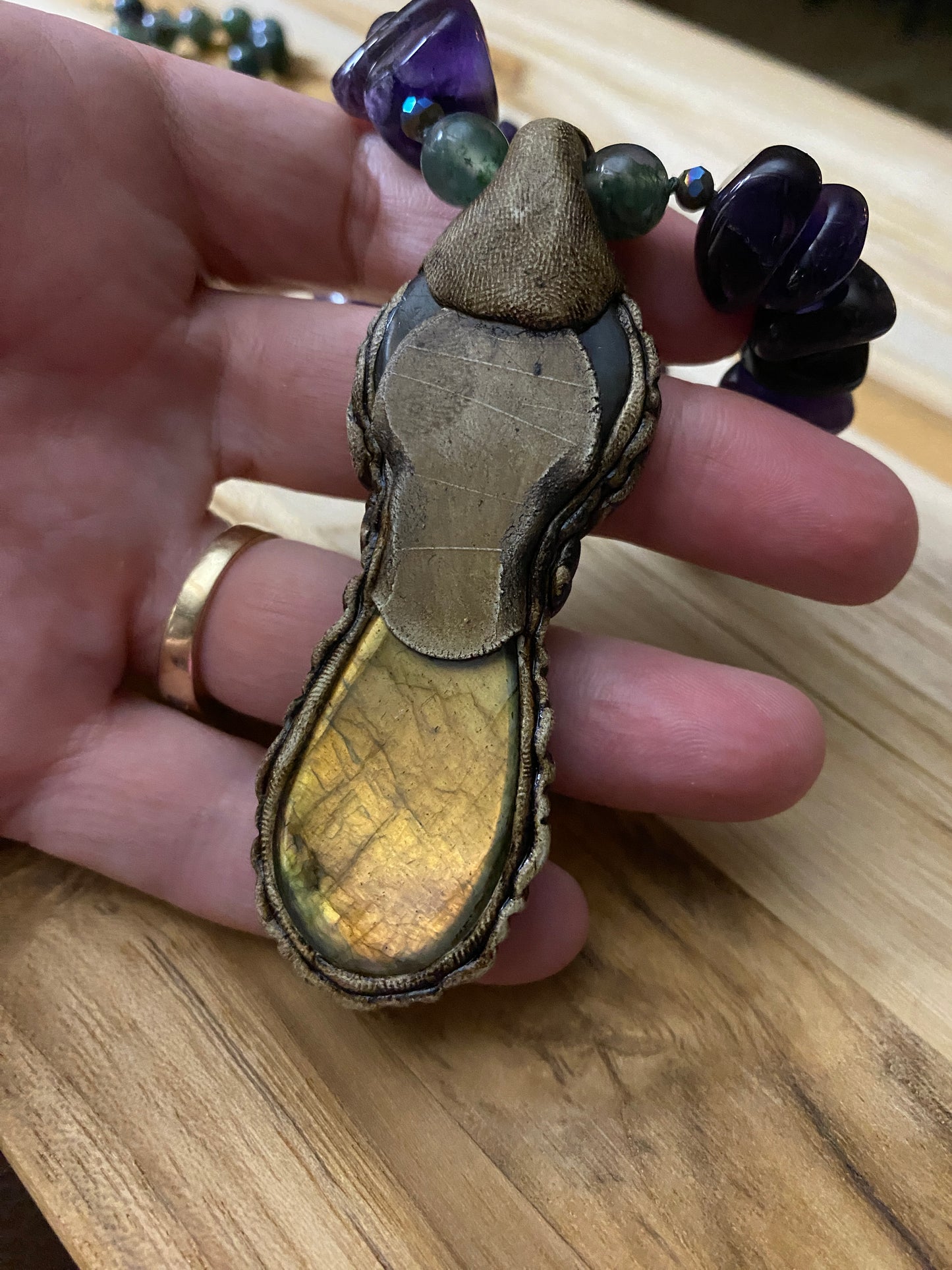 Polymer Clay Labradorite Pendant Necklace with Amethyst and Moss Agate Beads