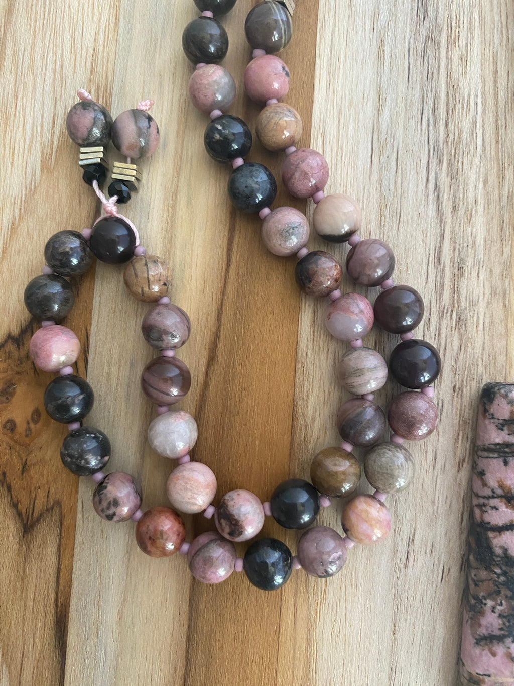 28" Long Beaded Pink and Black Rhodonite Pendant Necklace with Black Crystal Beads - My Urban Gems